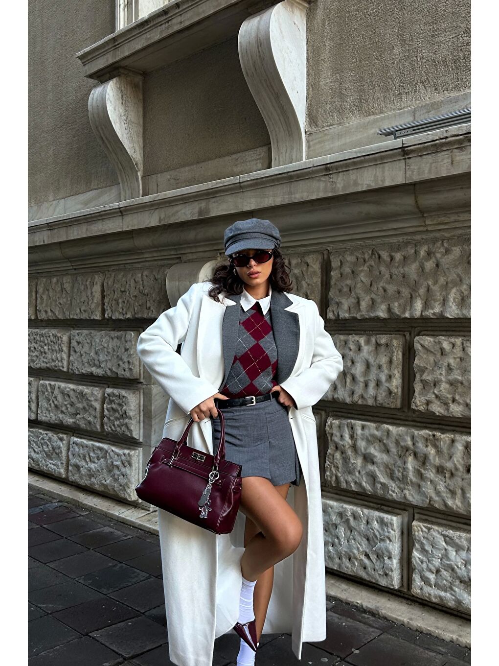 Kadın Bordo Baklava Desen Kazak 1014-5219-9