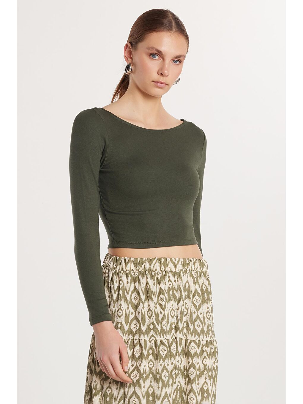 Kadın Slim Fit Dar Kesim Modal Kumaş Uzun Kollu Bisiklet Yaka Haki Bluz-2