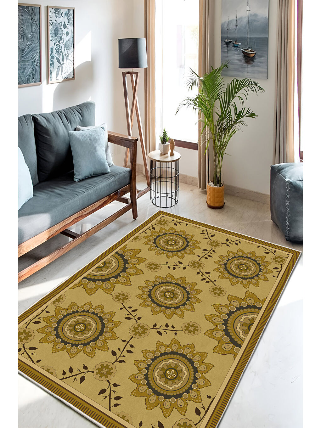 Sarı Dekoratif Özel Tasarım Yıkanabilir İnce Kaymaz Tabanlı Modern Halı KECE FR47-2