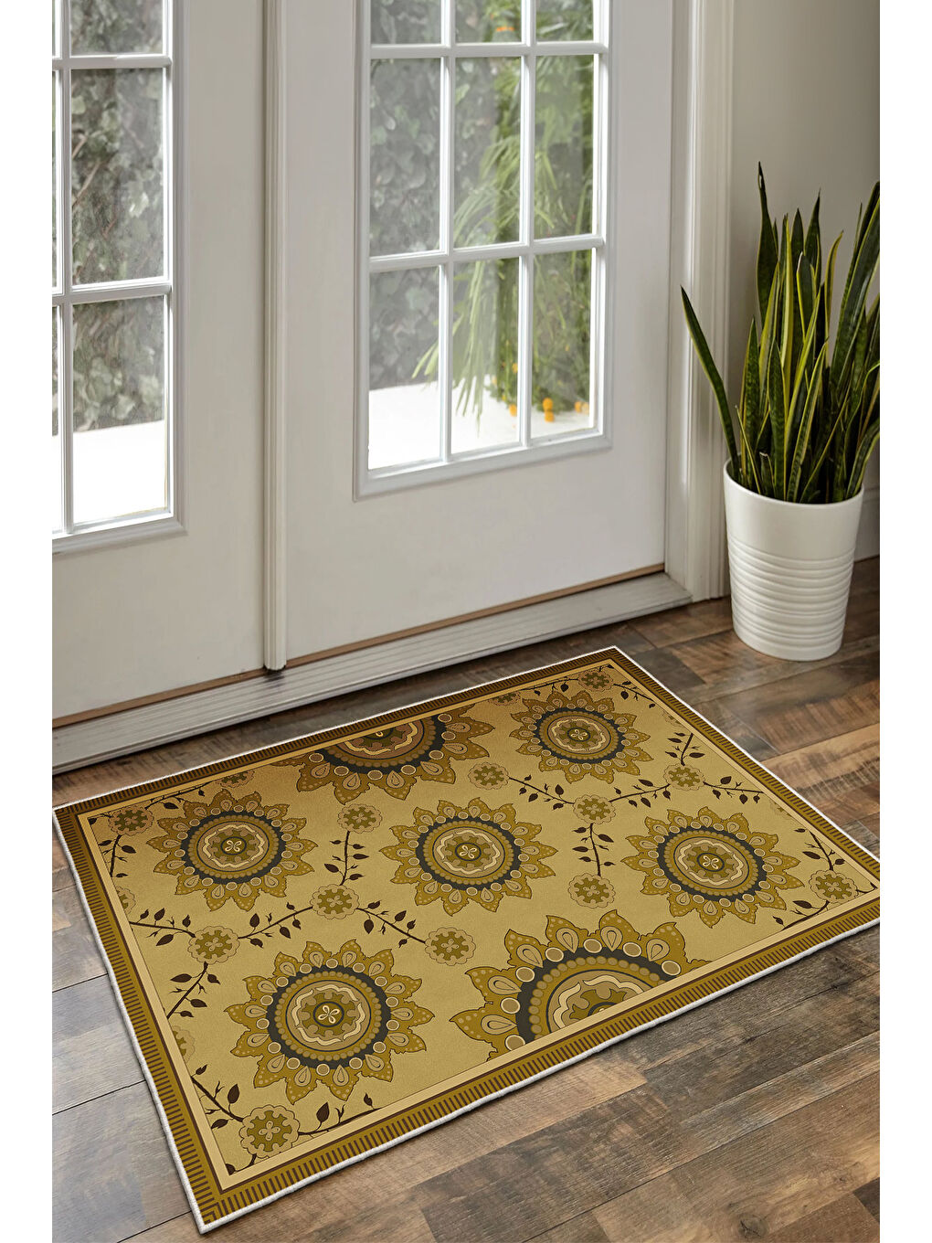 Sarı Dekoratif Özel Tasarım Yıkanabilir İnce Kaymaz Tabanlı Modern Halı KECE FR47-3