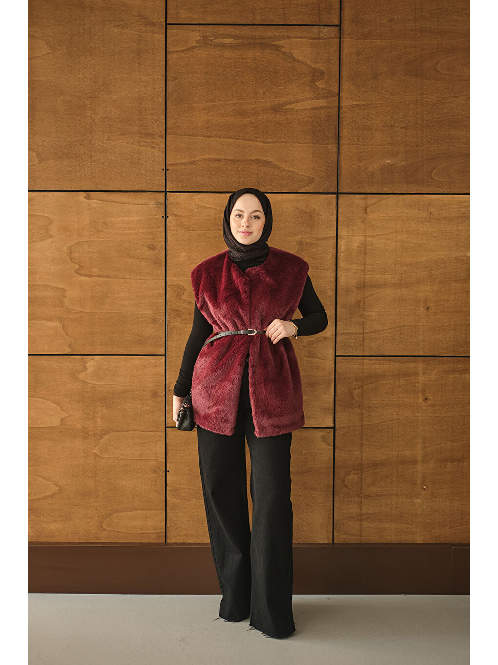 Kadın Kemer Detay Pelüş Yelek Bordo-3