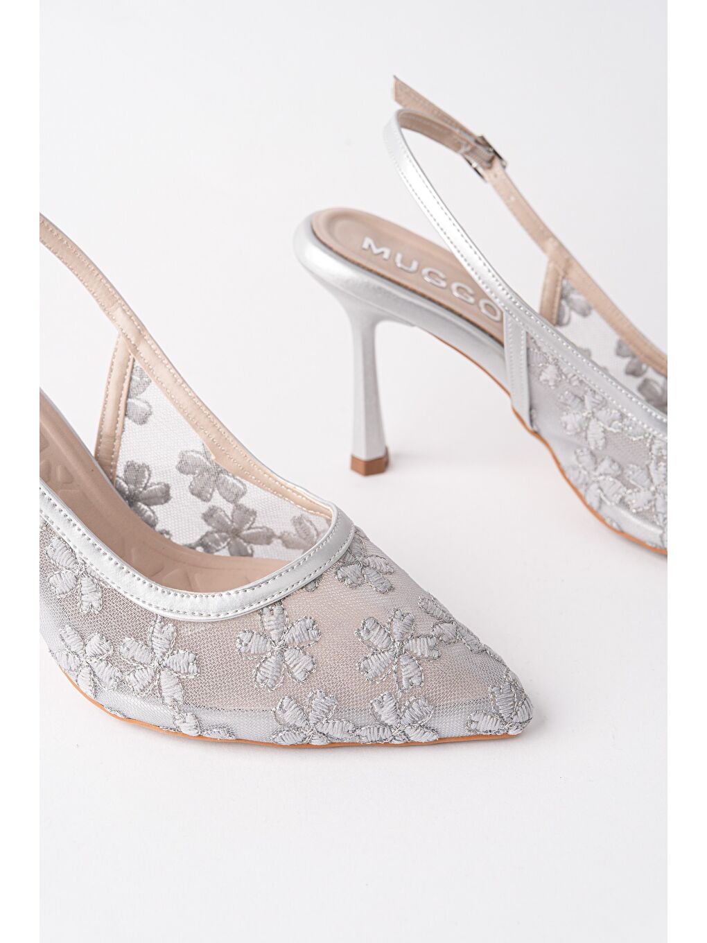Gri ARİS Dantel Detaylı Sivri Burun Arkası Açık İnce Topuklu Kadın Abiye Ayakkabı-1