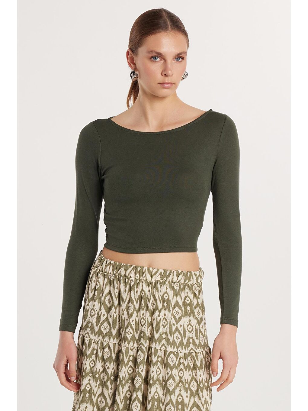 Kadın Slim Fit Dar Kesim Modal Kumaş Uzun Kollu Bisiklet Yaka Haki Bluz-3