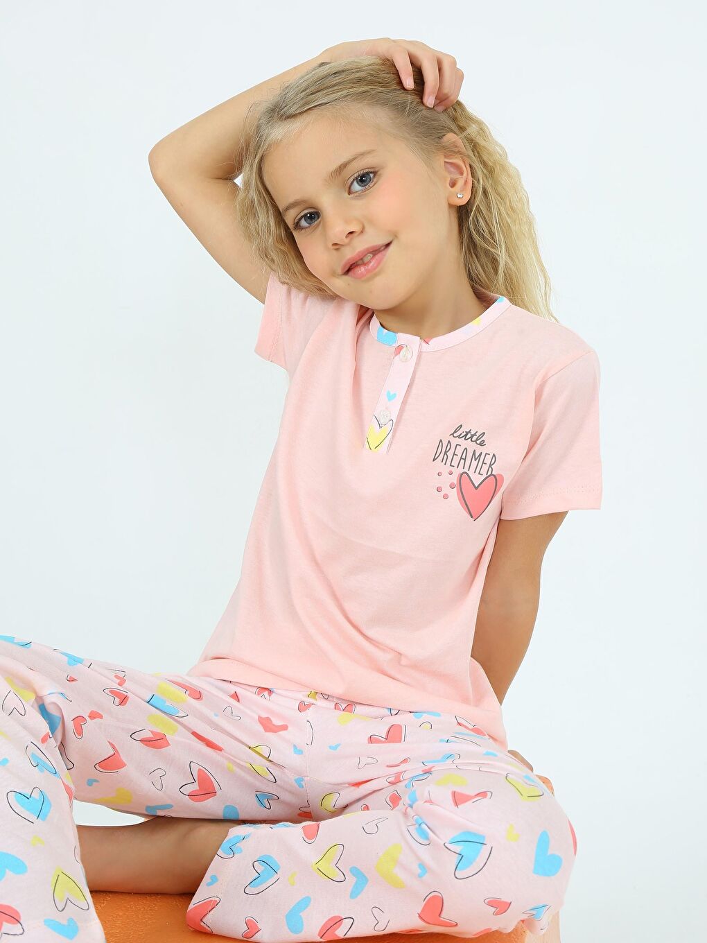 Pembe Kız Çocuk Kısa Kollu %100 Pamuklu Düğme Detaylı Dreamer Pijama Takımı-3