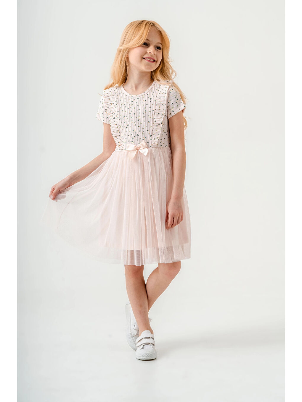 Pembe Çiçek Desenli Kurdelalı Kız Çocuk Elbise 003-1
