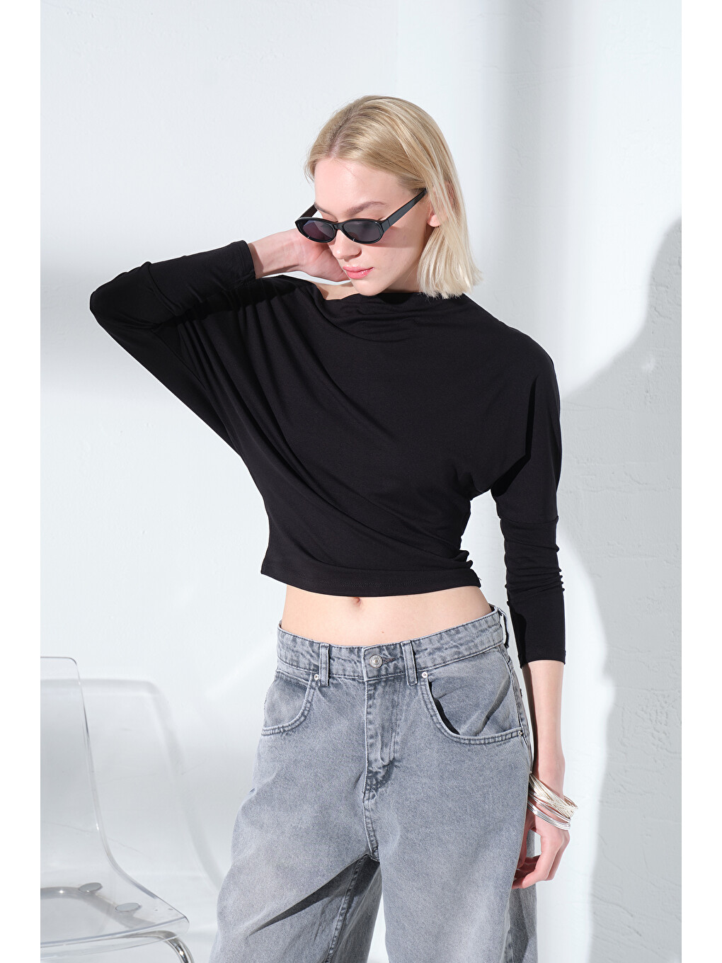 Siyah Soft Touch Premium Yarasa Uzun Kollu Tek Omuz Kayık Yaka Örme  Kadın Tişört Bluz @Marche-6
