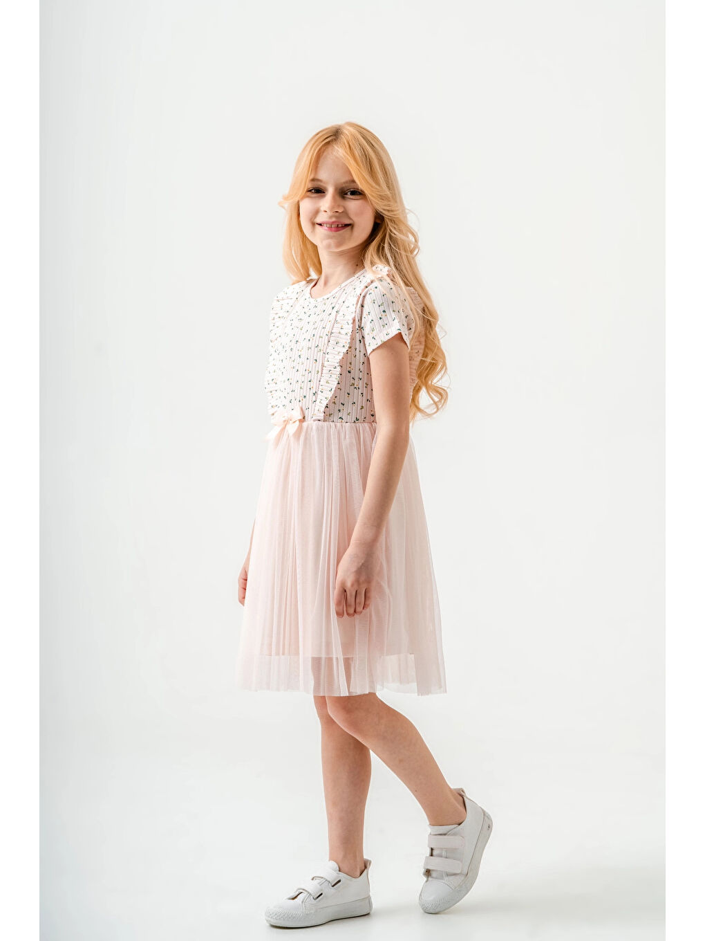 Pembe Çiçek Desenli Kurdelalı Kız Çocuk Elbise 003-3