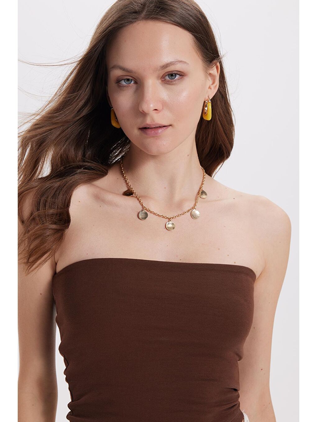 Kahverengi Kadın Slim Fit Dar Kesim Pamuklu Straplez Koyu Kahve Bluz