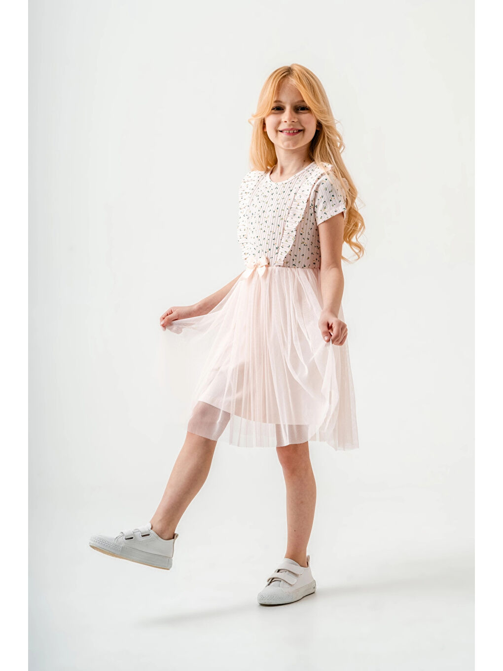 Pembe Çiçek Desenli Kurdelalı Kız Çocuk Elbise 003-4