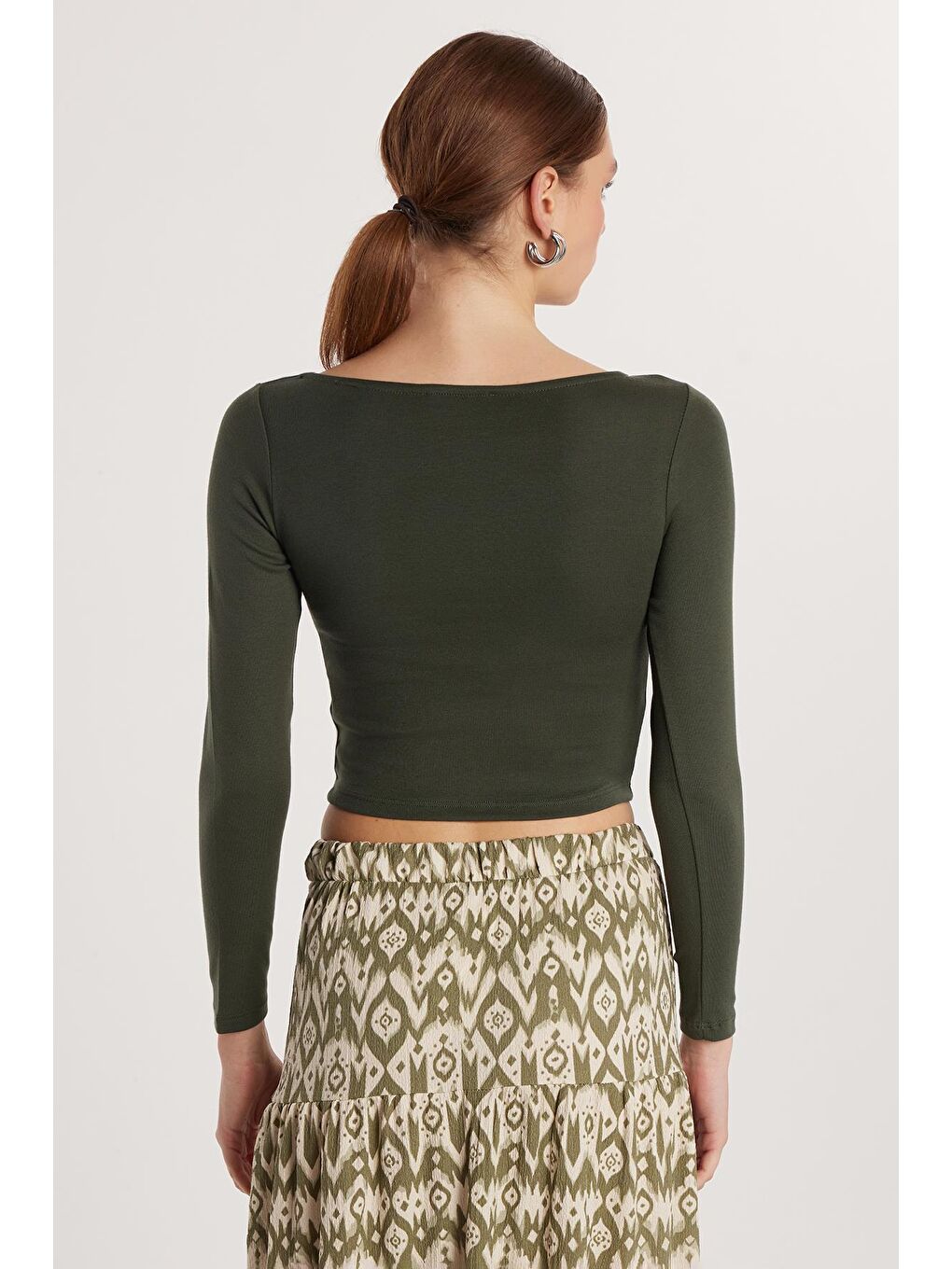 Kadın Slim Fit Dar Kesim Modal Kumaş Uzun Kollu Bisiklet Yaka Haki Bluz-4