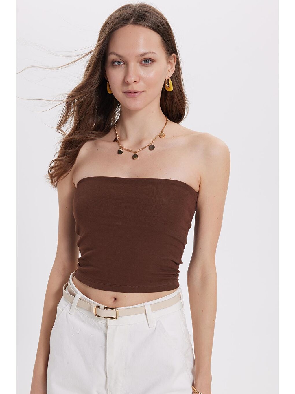 Kahverengi Kadın Slim Fit Dar Kesim Pamuklu Straplez Koyu Kahve Bluz-1