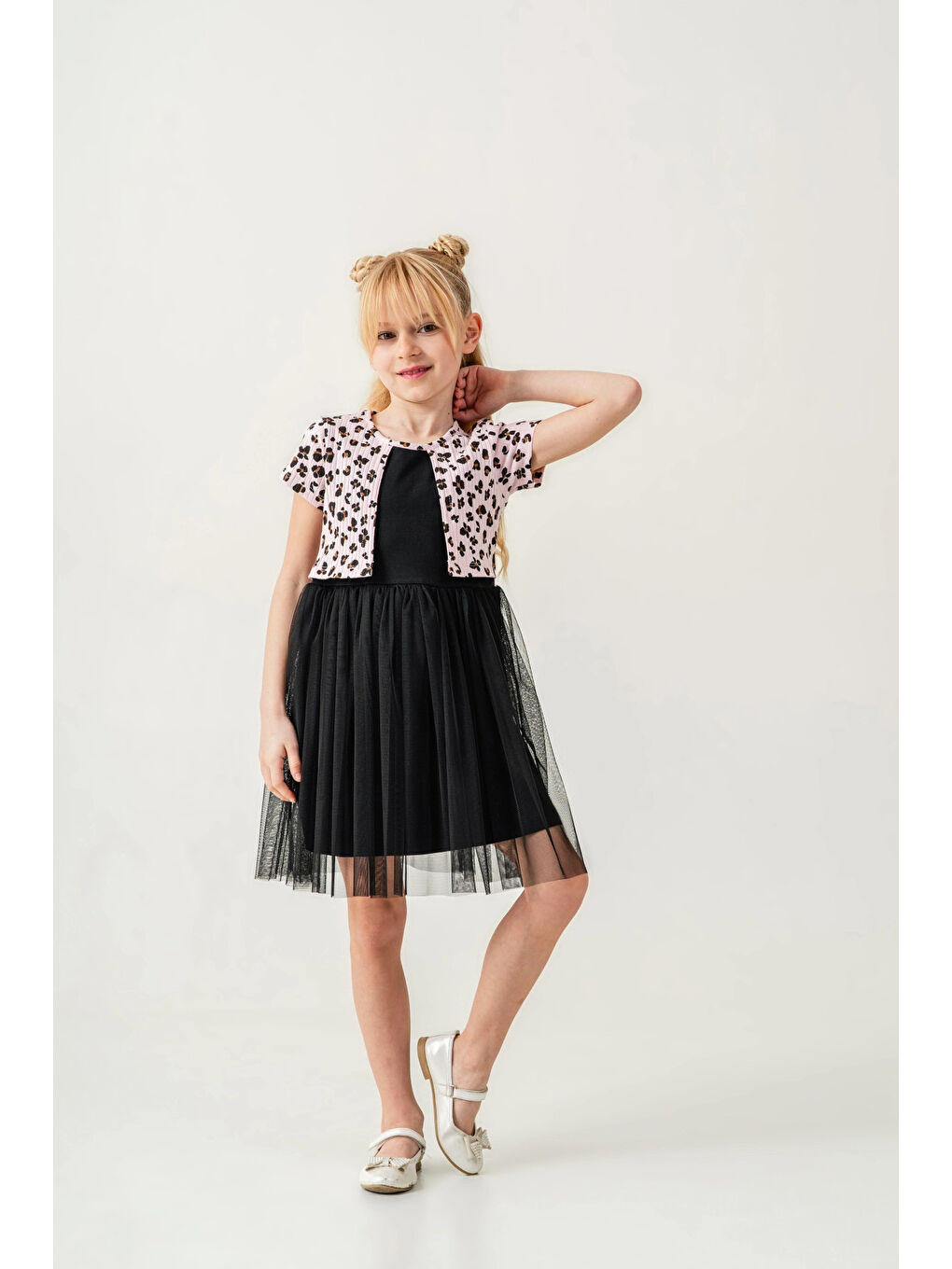 Pembe Çiçek Desenli Bolero Detaylı Kız Çocuk Elbise 008-2