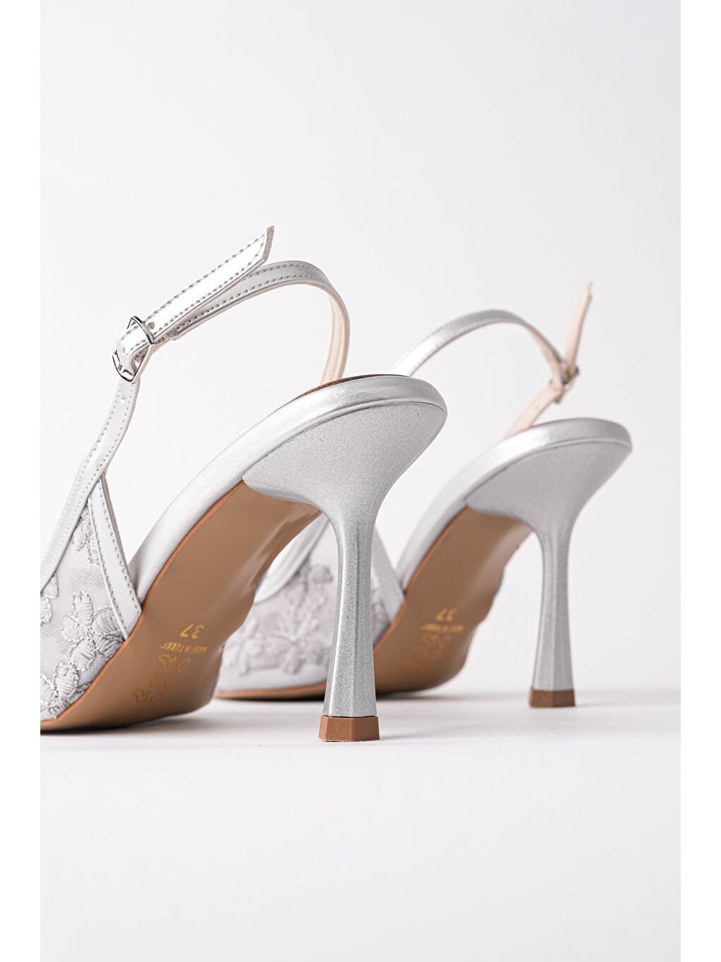 Gri ARİS Dantel Detaylı Sivri Burun Arkası Açık İnce Topuklu Kadın Abiye Ayakkabı-2