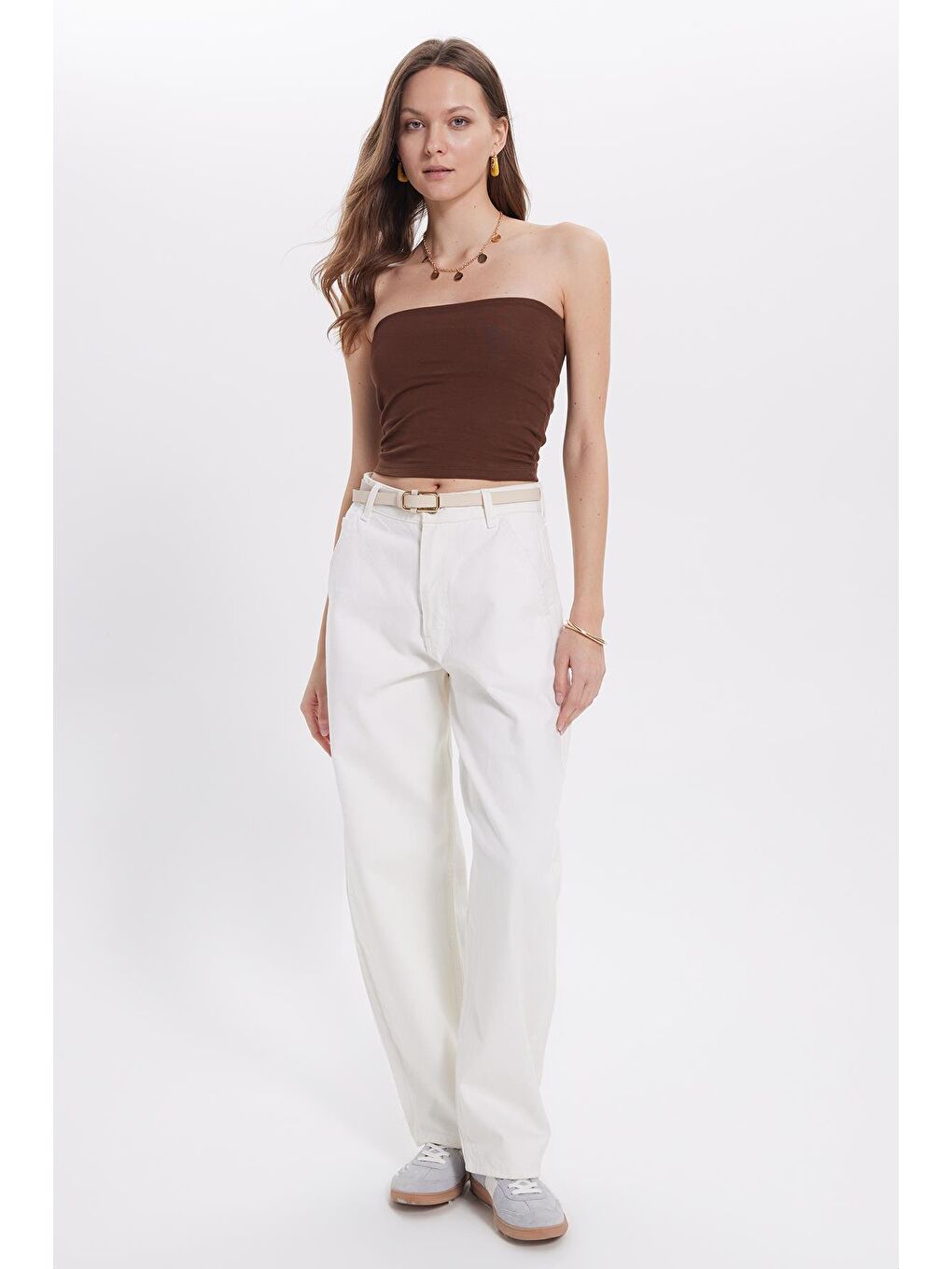 Kahverengi Kadın Slim Fit Dar Kesim Pamuklu Straplez Koyu Kahve Bluz-2