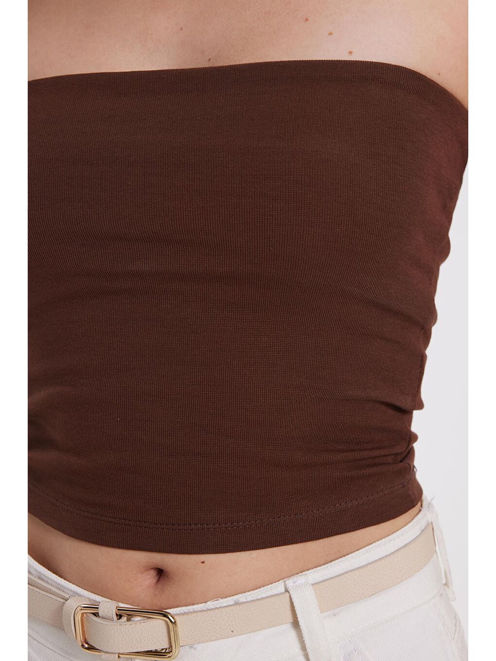 Kahverengi Kadın Slim Fit Dar Kesim Pamuklu Straplez Koyu Kahve Bluz-3