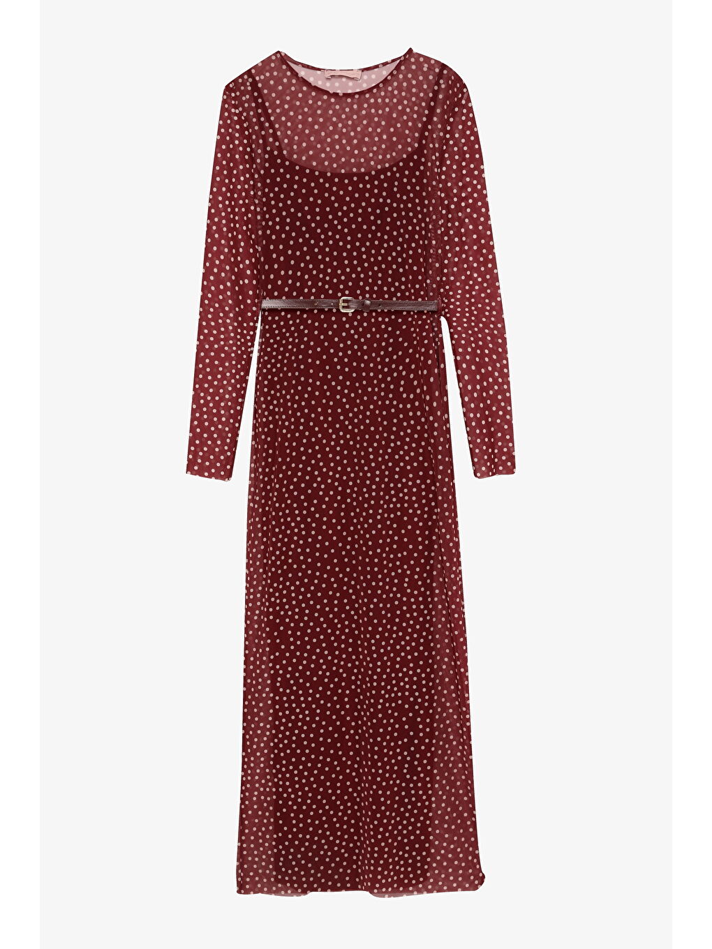 Kemer Aksesuarlı Puantiyeli Transparan Midi Elbise Mürdüm-1