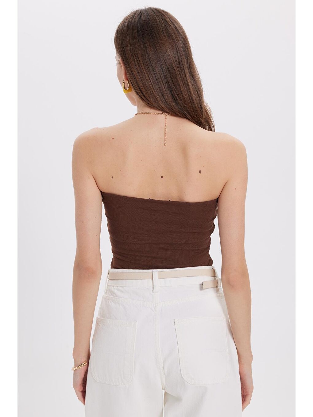 Kahverengi Kadın Slim Fit Dar Kesim Pamuklu Straplez Koyu Kahve Bluz-5