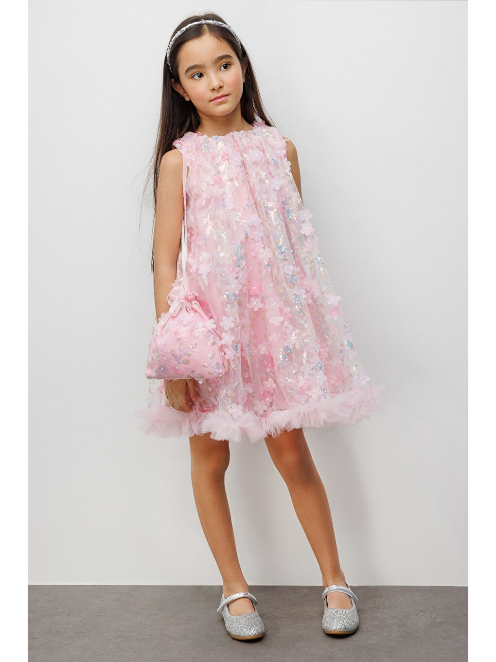 Pembe Çiçek Kabartmalı Kız Çocuk Elbise - Ivory-1