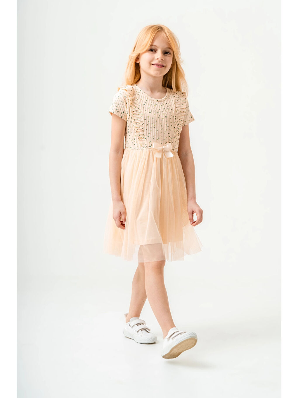 Pembe Çiçek Desenli Kurdelalı Kız Çocuk Elbise 003-1