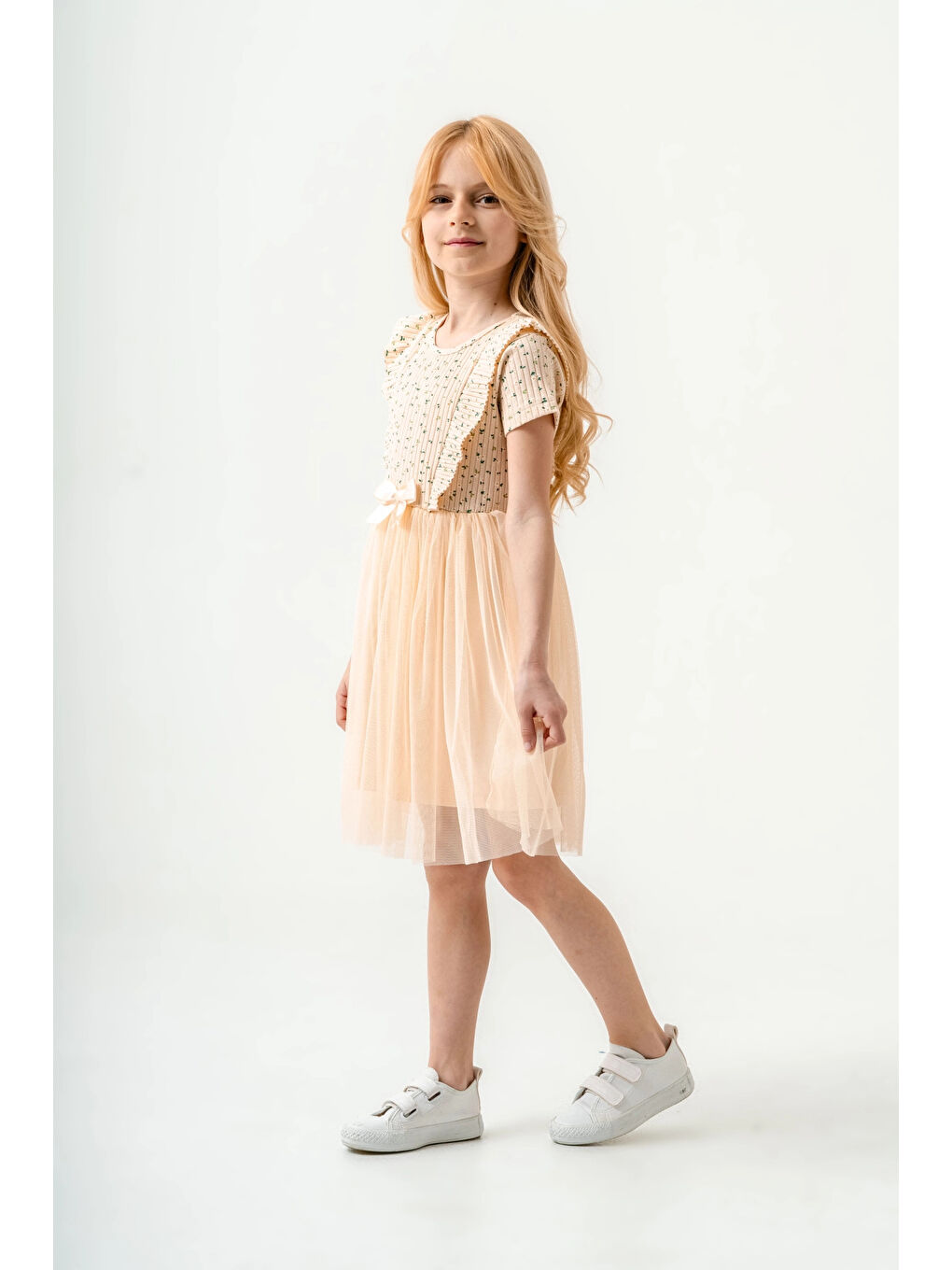 Pembe Çiçek Desenli Kurdelalı Kız Çocuk Elbise 003-2