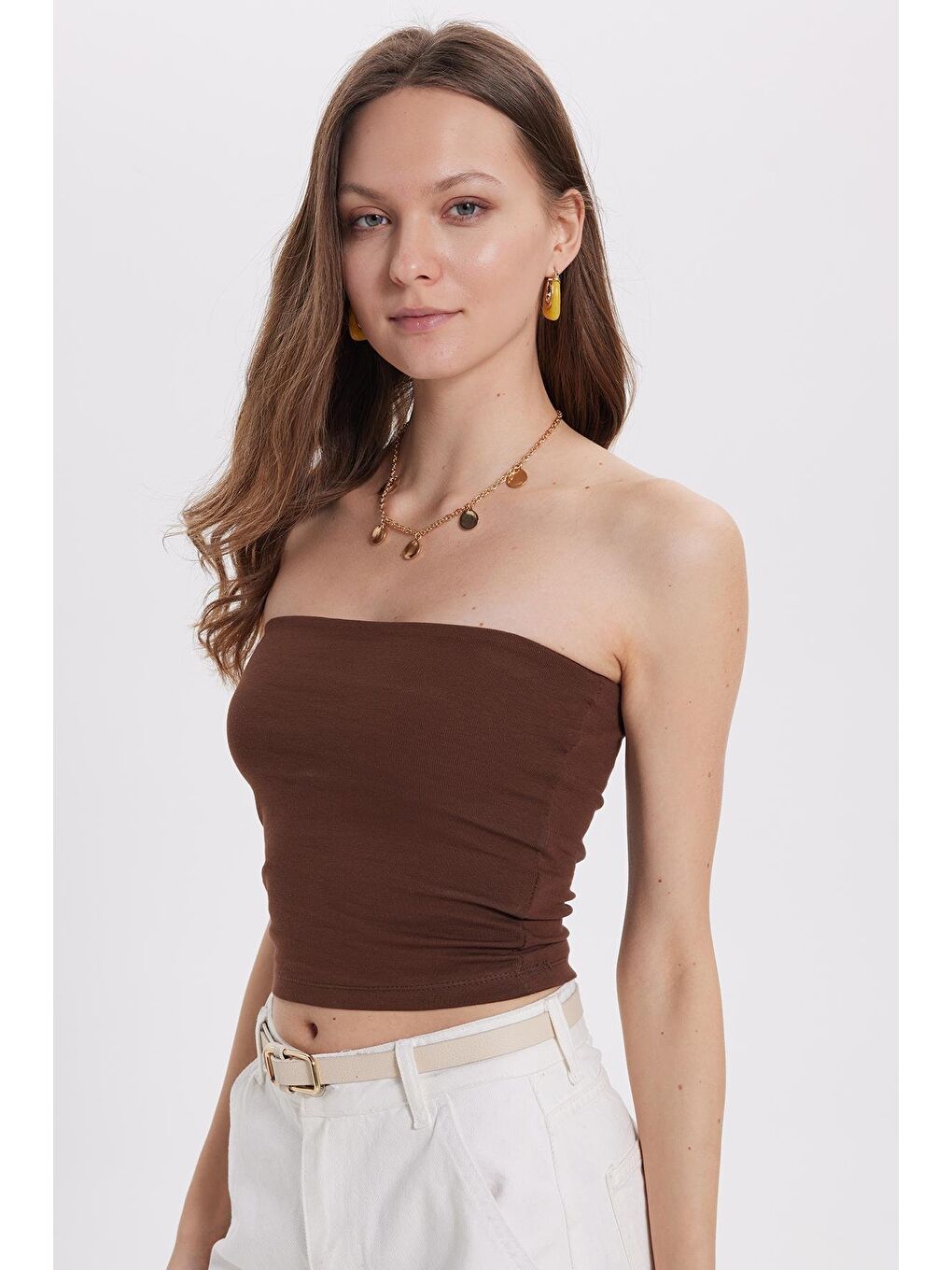 Kahverengi Kadın Slim Fit Dar Kesim Pamuklu Straplez Koyu Kahve Bluz-6