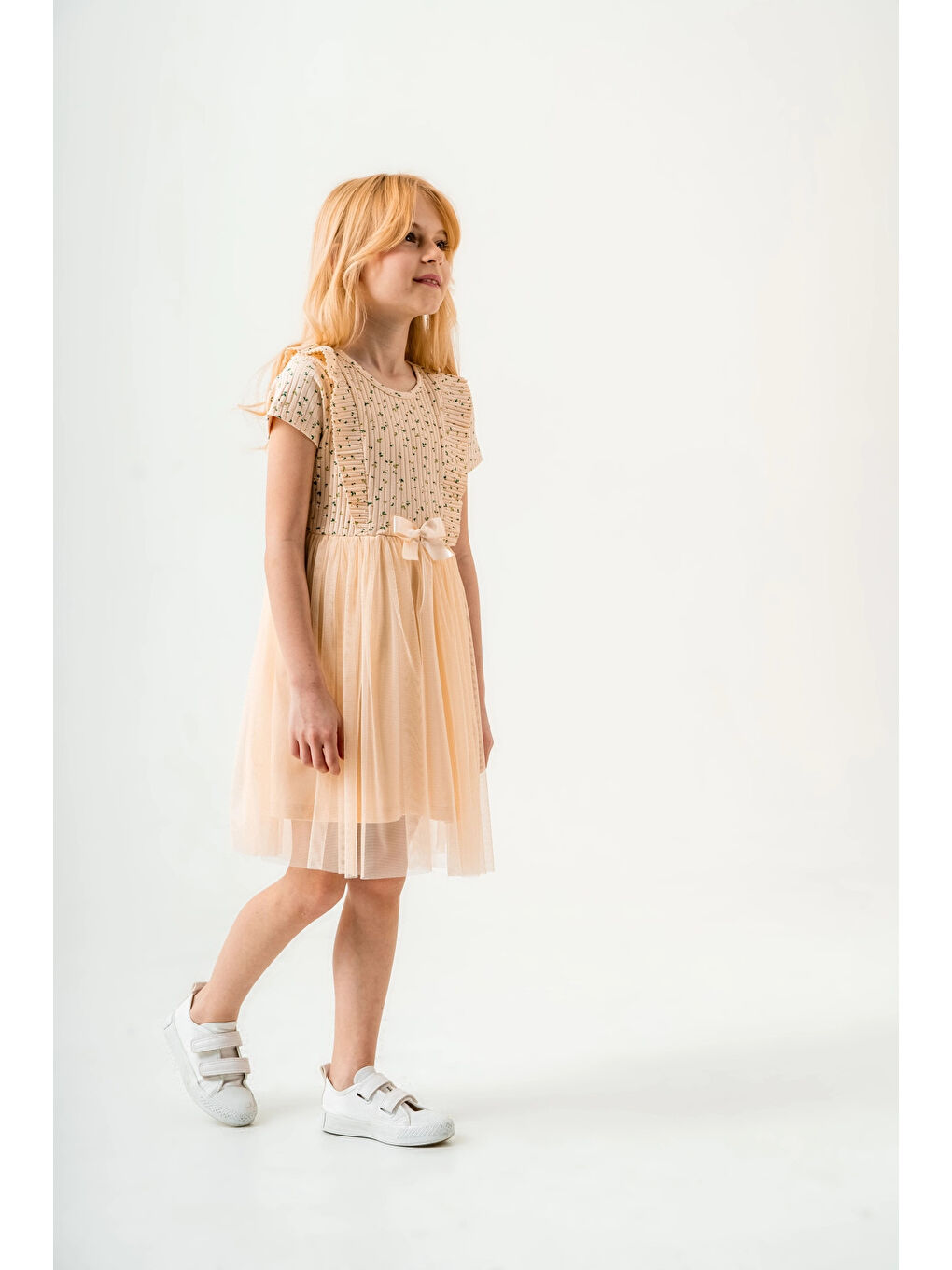 Pembe Çiçek Desenli Kurdelalı Kız Çocuk Elbise 003-3