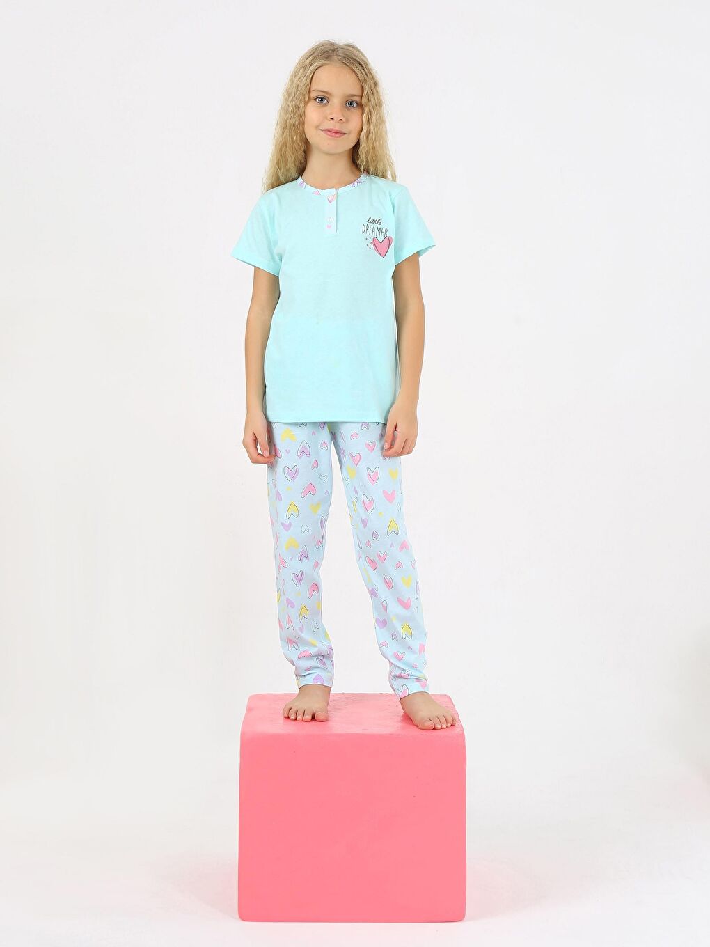 Yeşil Kız Çocuk Kısa Kollu %100 Pamuklu Düğme Detaylı Dreamer Pijama Takımı-1