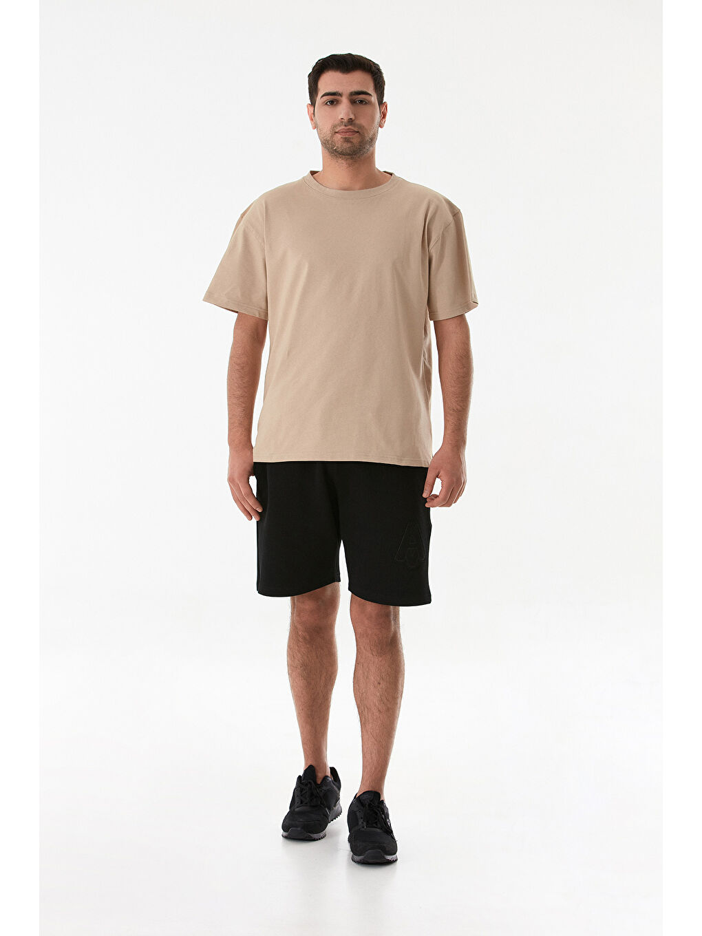 Bej Basic Bisiklet Yaka Oversize Tişört-1