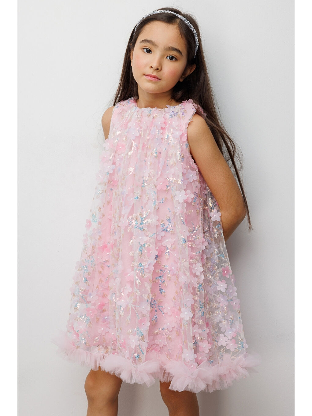Pembe Çiçek Kabartmalı Kız Çocuk Elbise - Ivory-2
