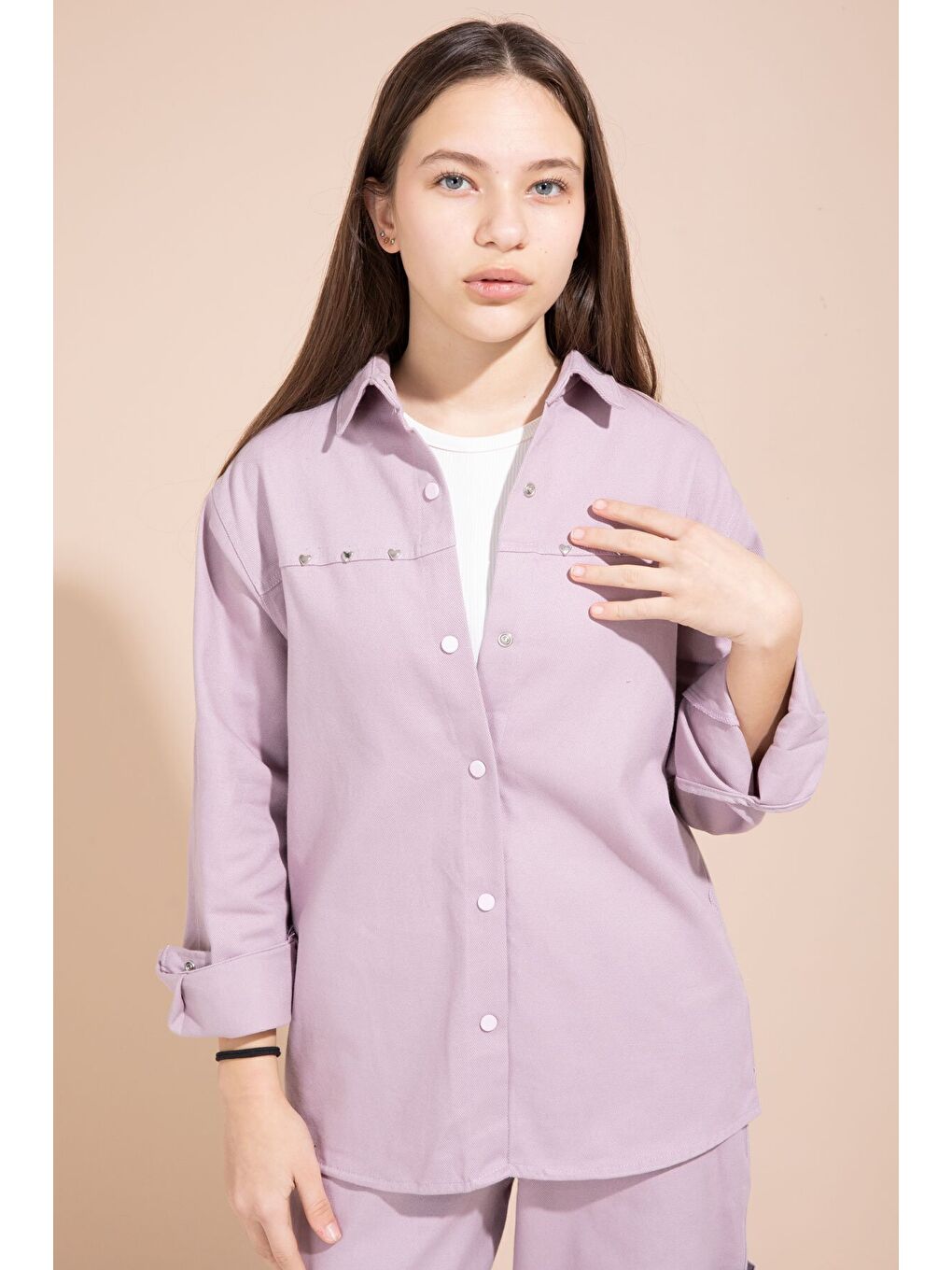 Pembe Kalp İşlemeli Gömlekli Geniş Paça Pantolonlu Kız Çocuk Gabardin Takım 23552-1