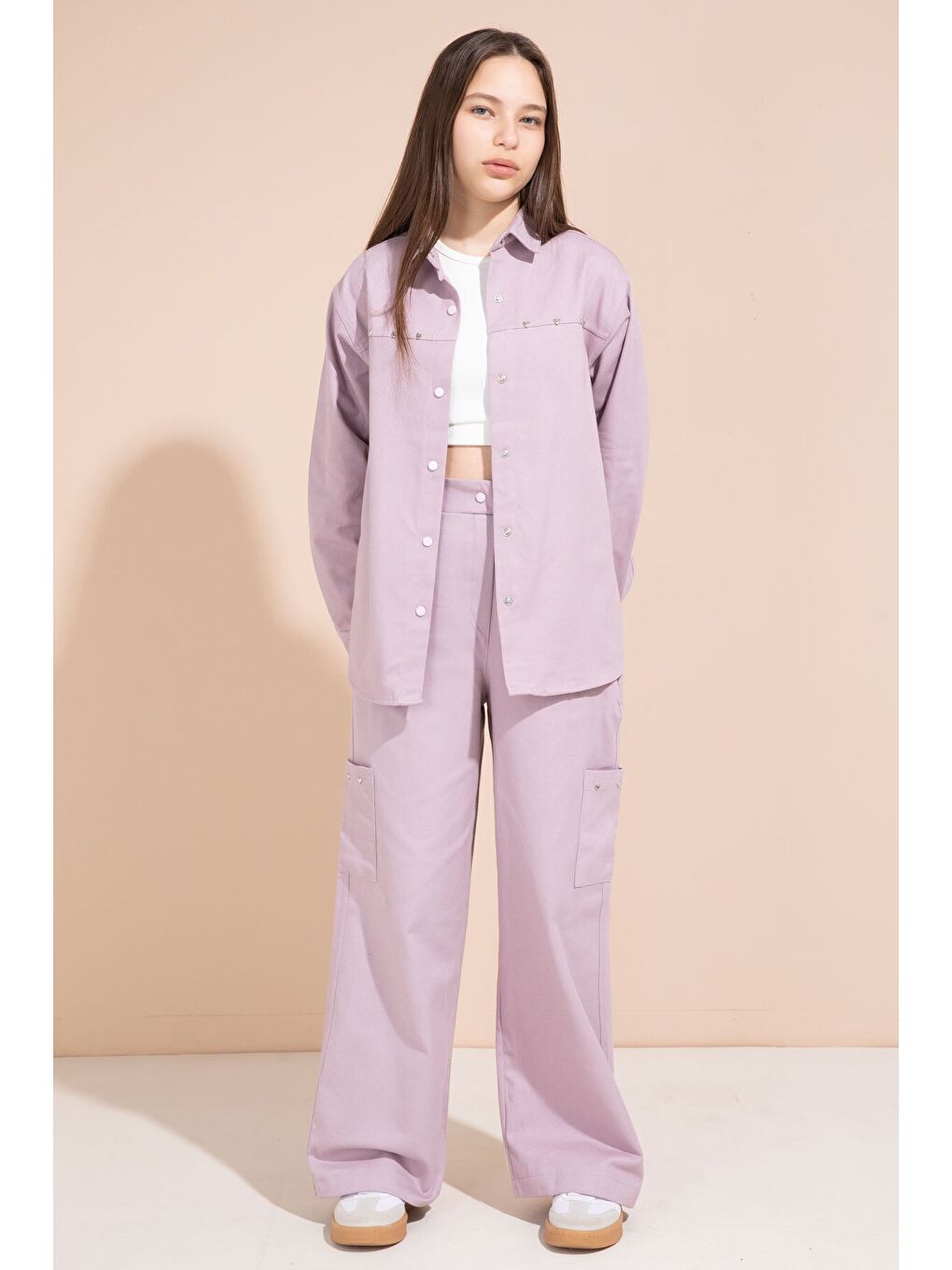 Pembe Kalp İşlemeli Gömlekli Geniş Paça Pantolonlu Kız Çocuk Gabardin Takım 23552-2