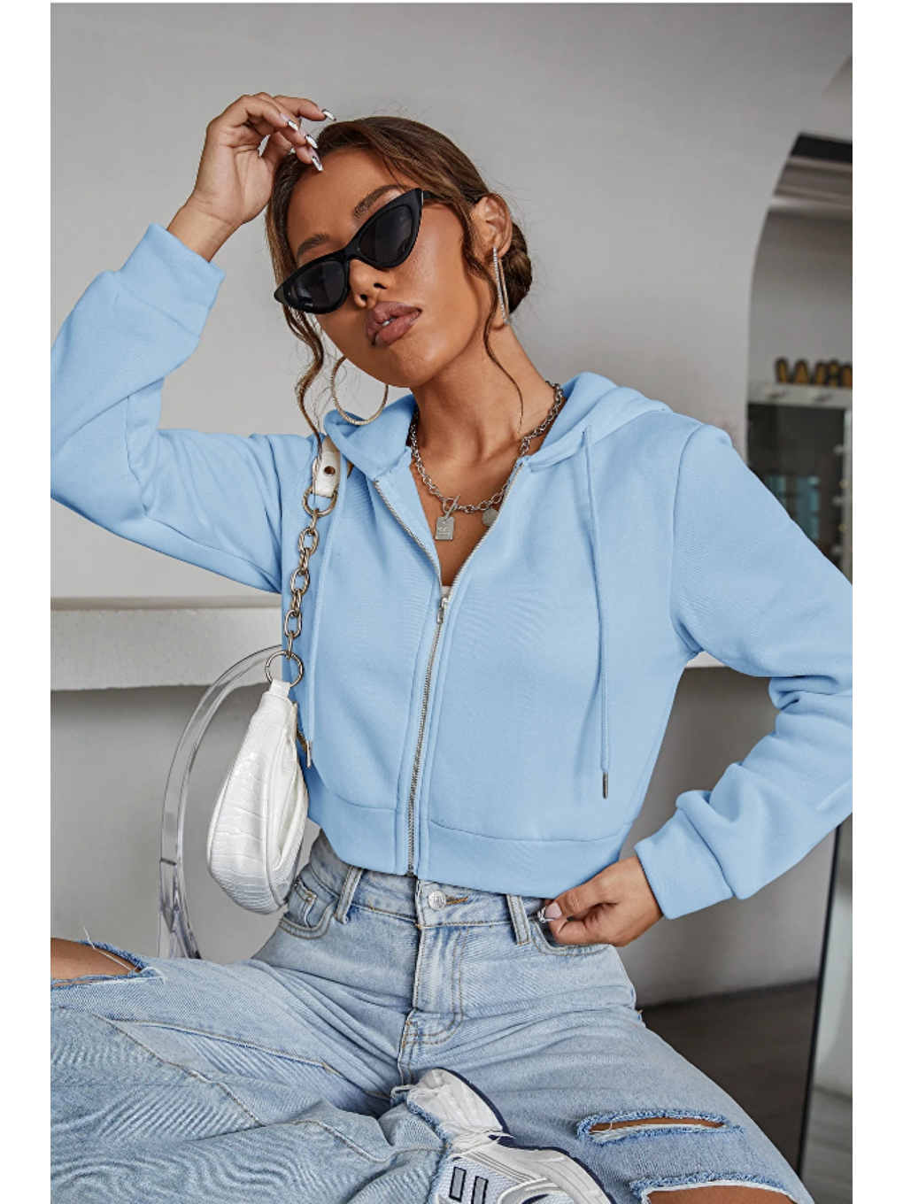 Kadın Kapüşonlu Şardonlu Mavi Renk Crop Sweatshirt-1