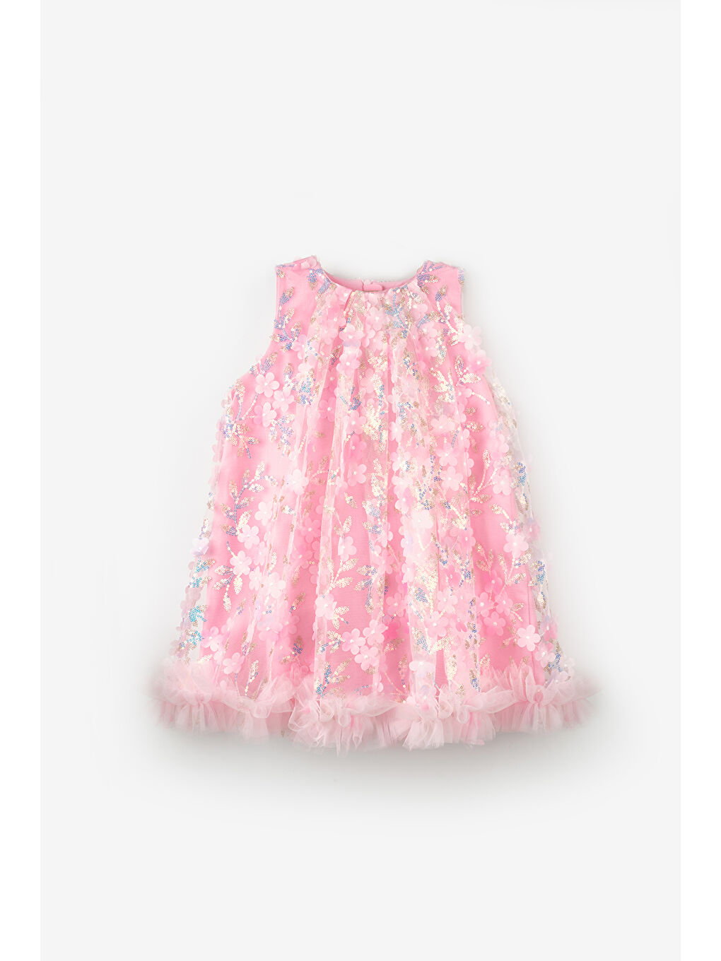 Pembe Çiçek Kabartmalı Kız Çocuk Elbise - Ivory-3