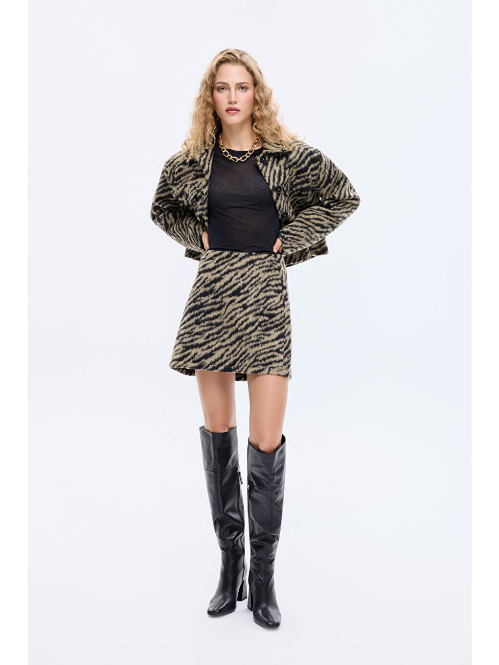 Kaplan Desenli A Kesim Kaşe Mini Etek Siyah-2