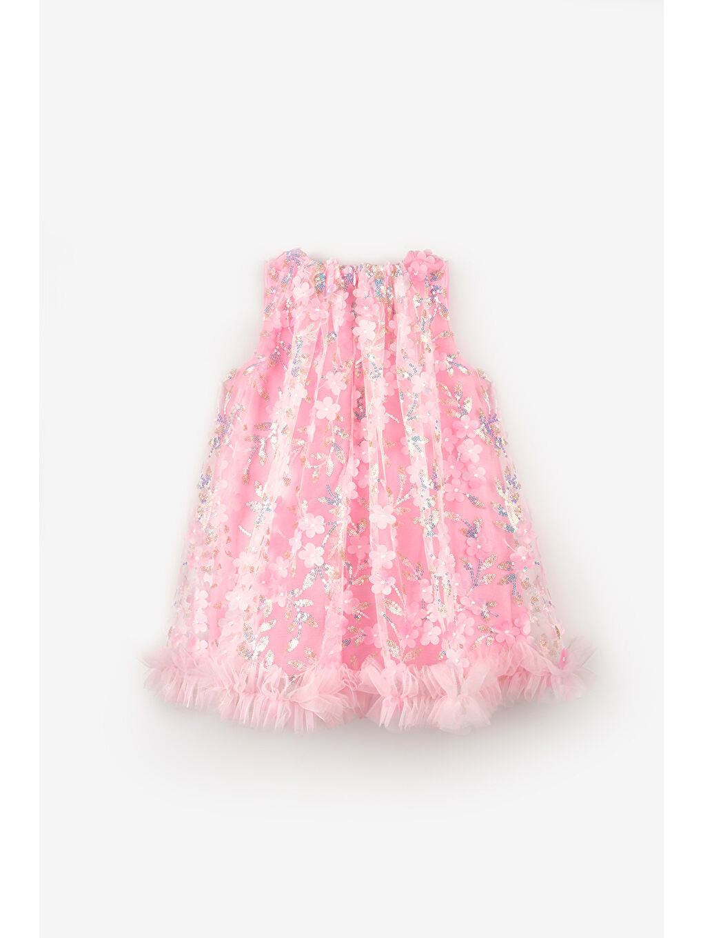 Pembe Çiçek Kabartmalı Kız Çocuk Elbise - Ivory-4