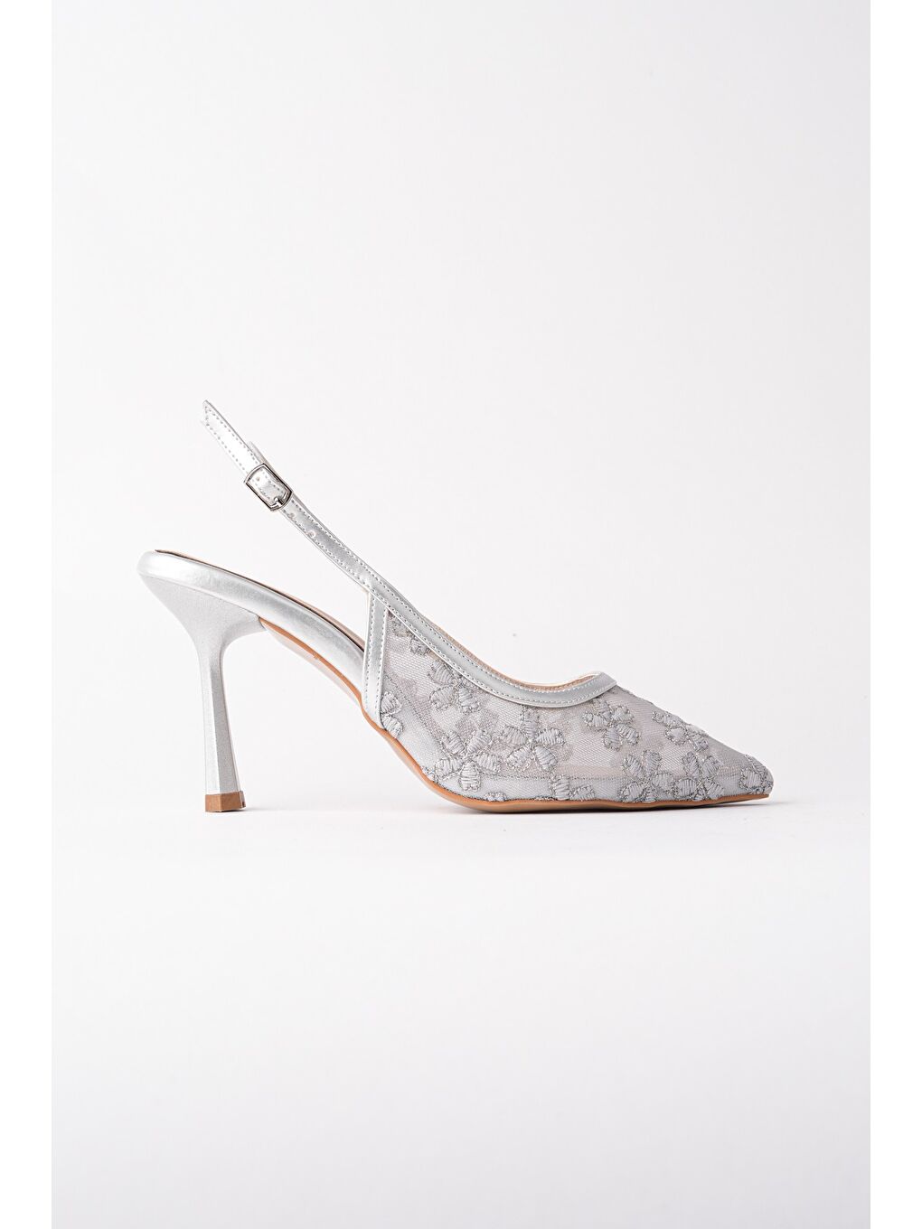 Gri ARİS Dantel Detaylı Sivri Burun Arkası Açık İnce Topuklu Kadın Abiye Ayakkabı-5