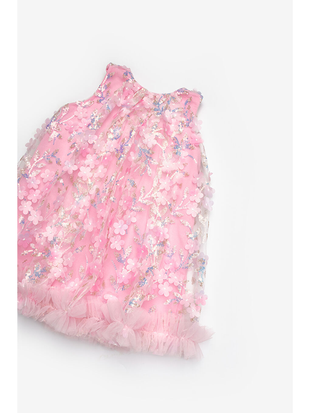 Pembe Çiçek Kabartmalı Kız Çocuk Elbise - Ivory-5