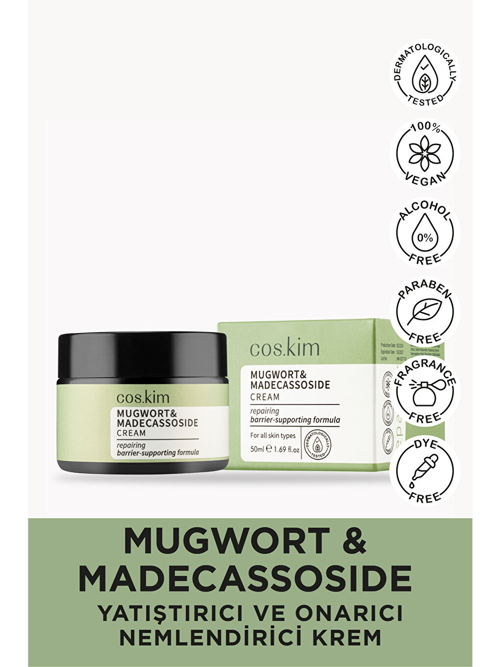 cos.kim Renksiz Mugwort & Madecassoside Yatıştırıcı ve Onarıcı Nemlendirici Krem|Mugwort&Madecassoside Cream 50ml