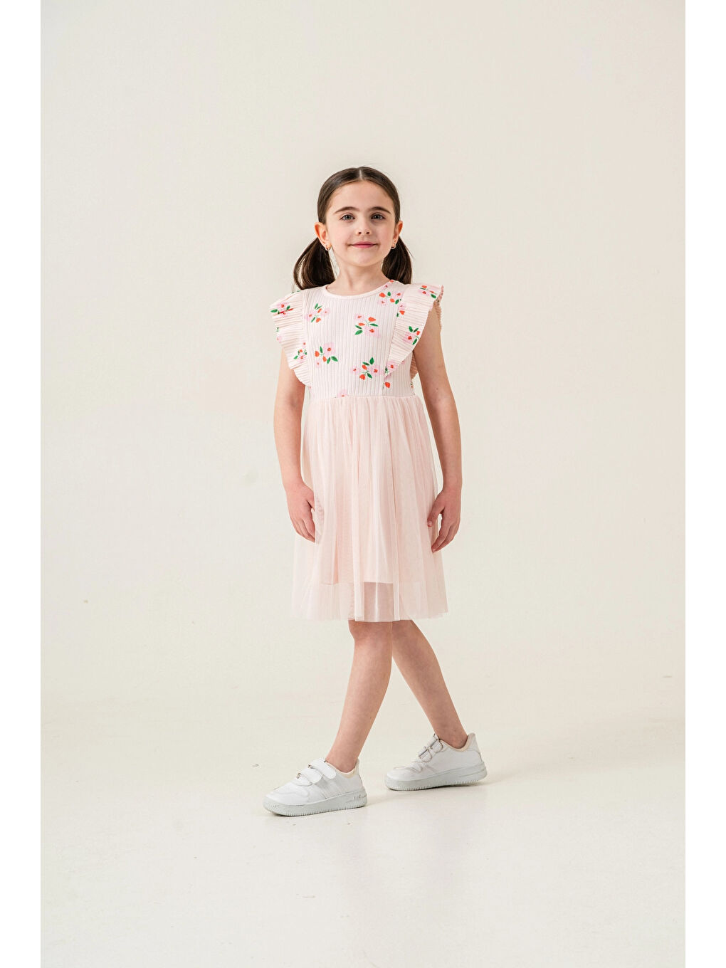 Pembe Çiçek Desenli Fırfırlı Kız Çocuk Elbise 009