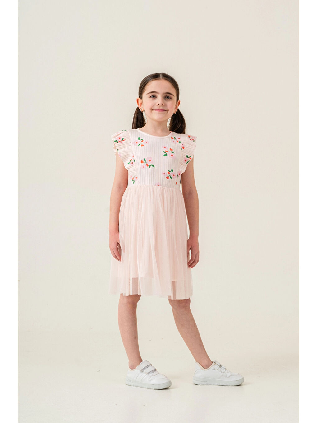 Pembe Çiçek Desenli Fırfırlı Kız Çocuk Elbise 009-1