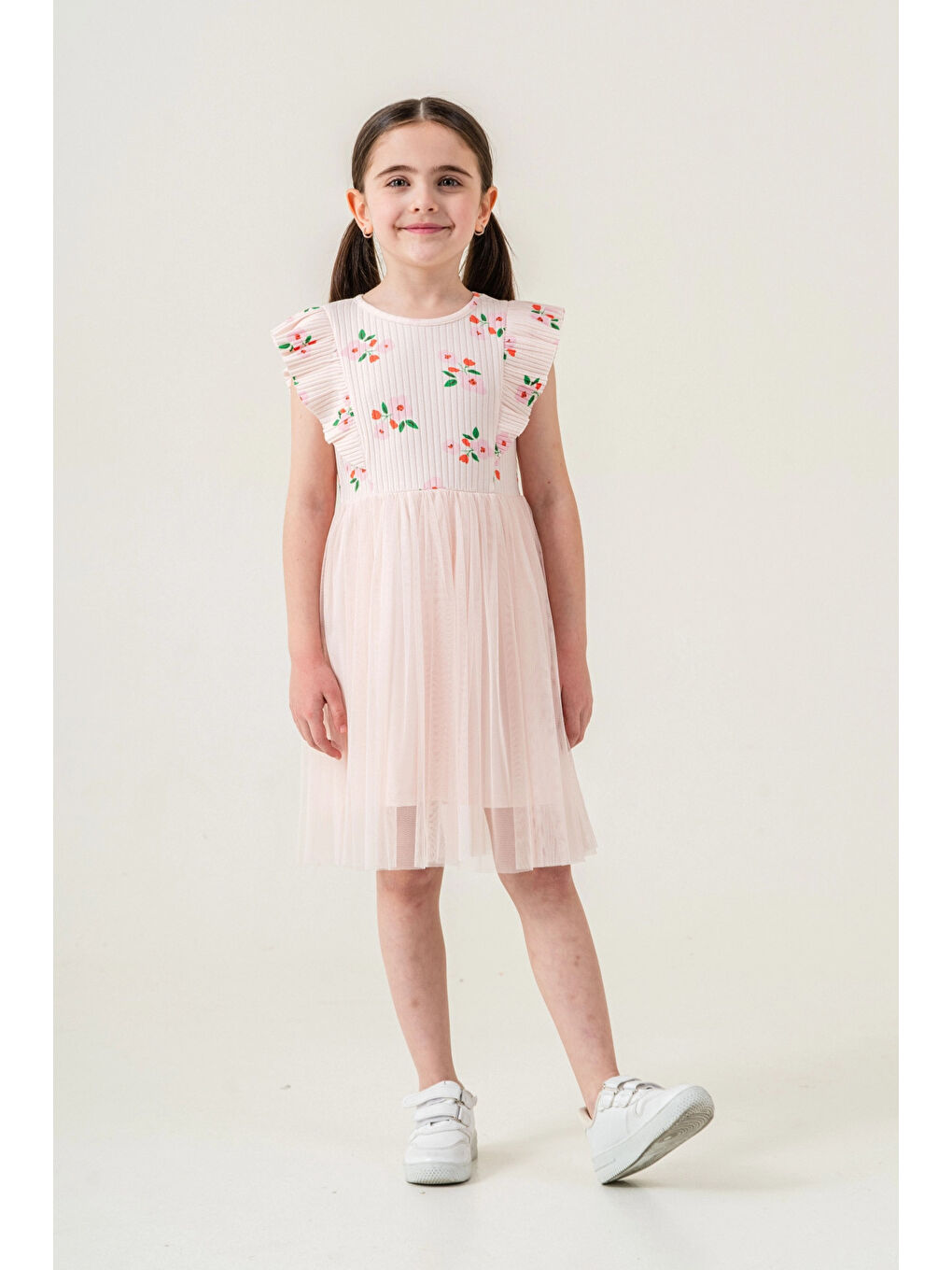Pembe Çiçek Desenli Fırfırlı Kız Çocuk Elbise 009-2