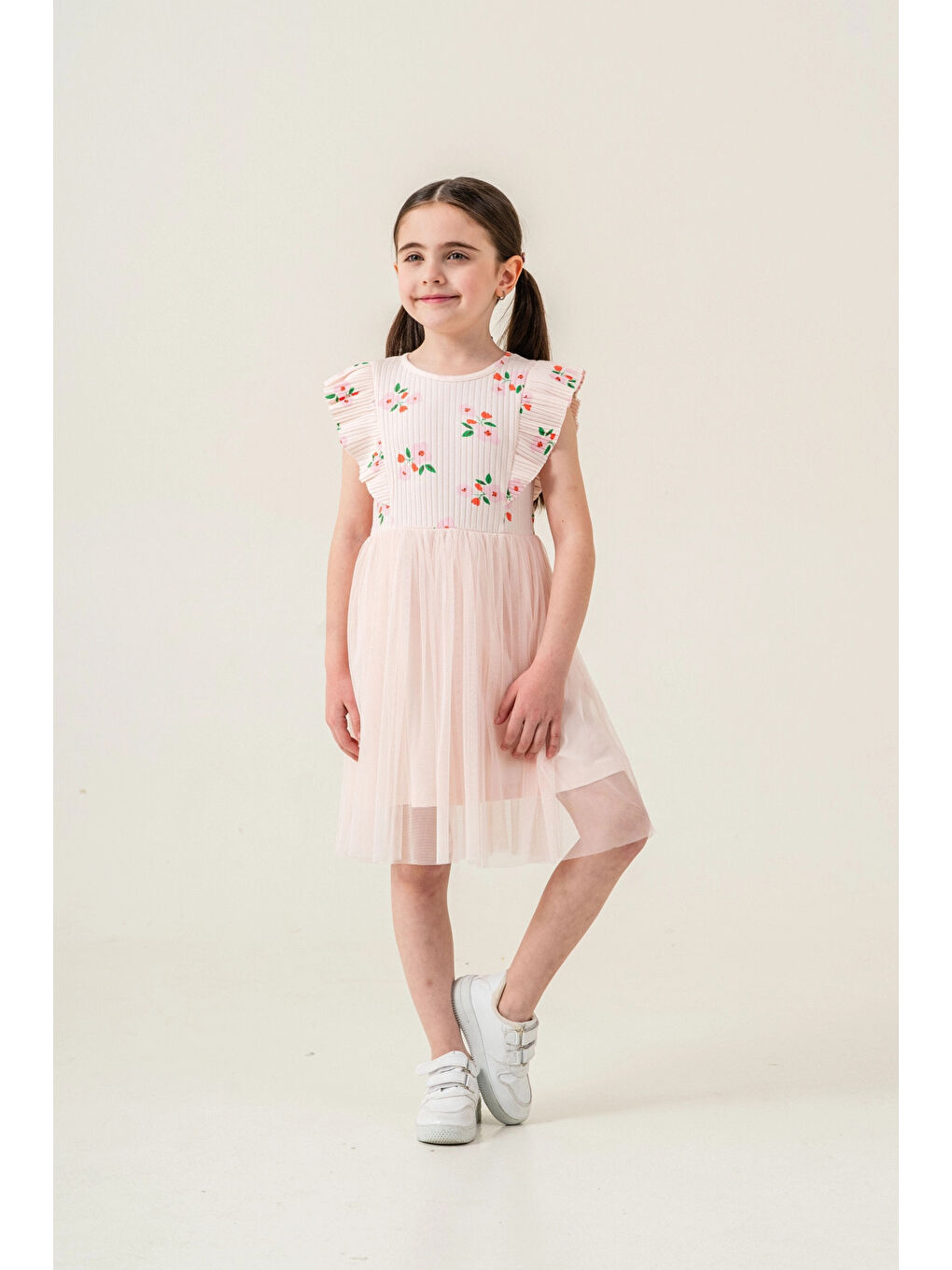 Pembe Çiçek Desenli Fırfırlı Kız Çocuk Elbise 009-3