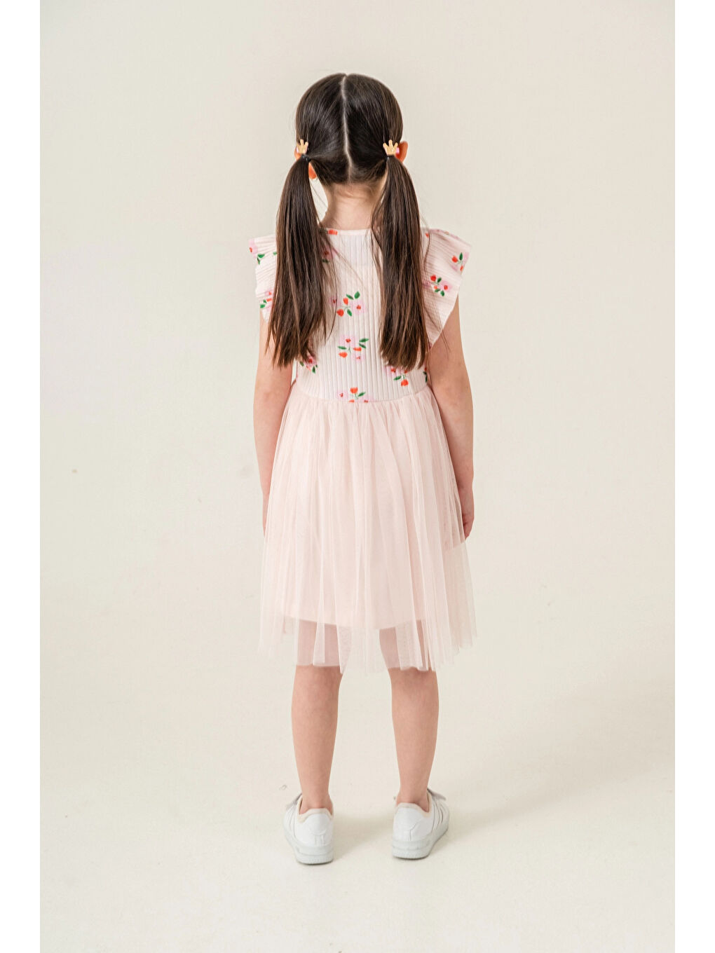 Pembe Çiçek Desenli Fırfırlı Kız Çocuk Elbise 009-4