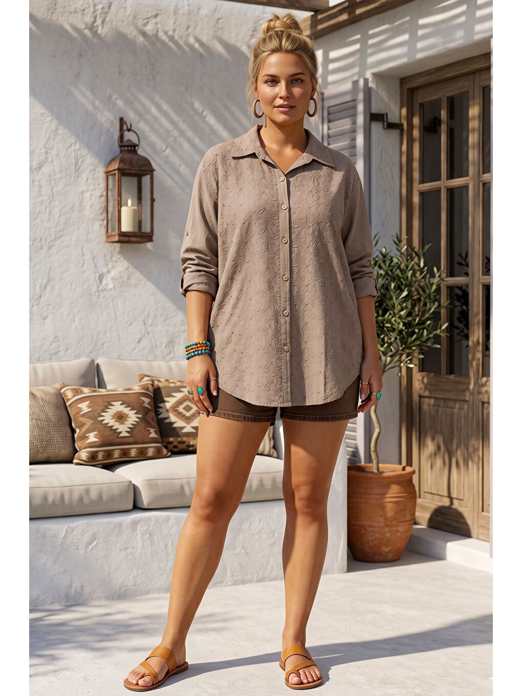 Kahverengi Camel Gömlek Yaka 3/4 Kol Düğmeli Brodeli Delikişi Nakışlı Casual Pamuklu Dokuma Gömlek 70 60-4
