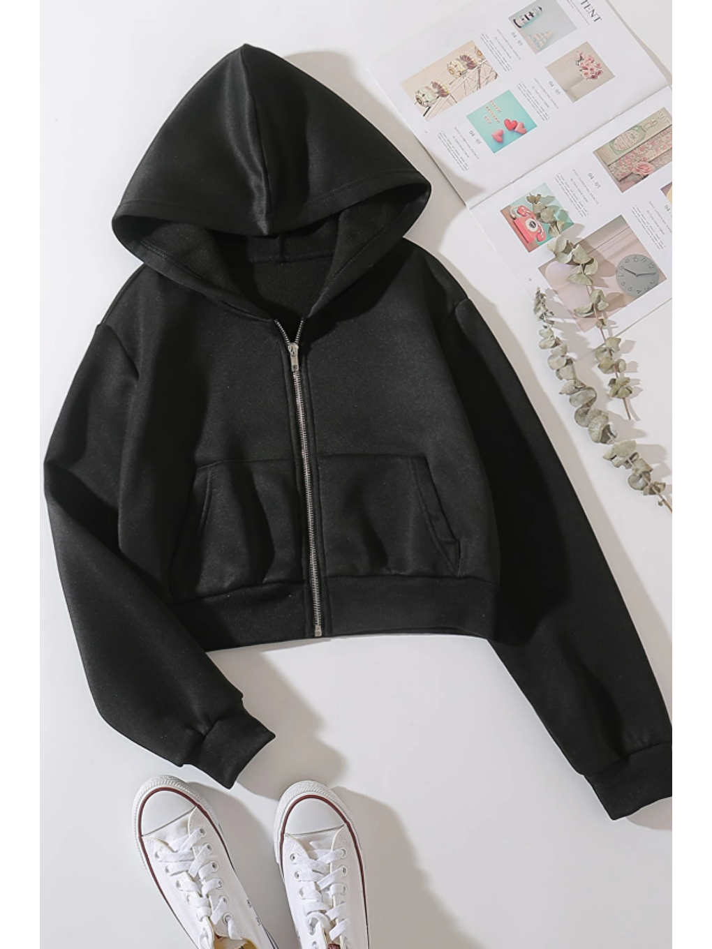 Kadın Kapüşonlu Şardonlu Siyah Renk Crop Sweatshirt-2