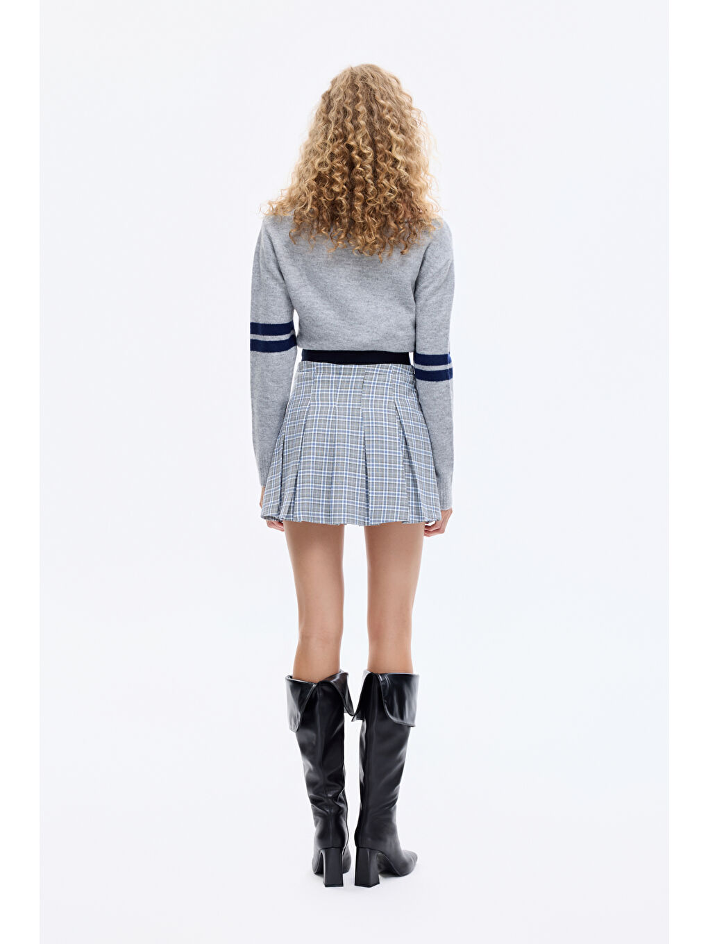 Ekose Desenli Beli Bağcıklı Pileli Mini Etek Gri-4