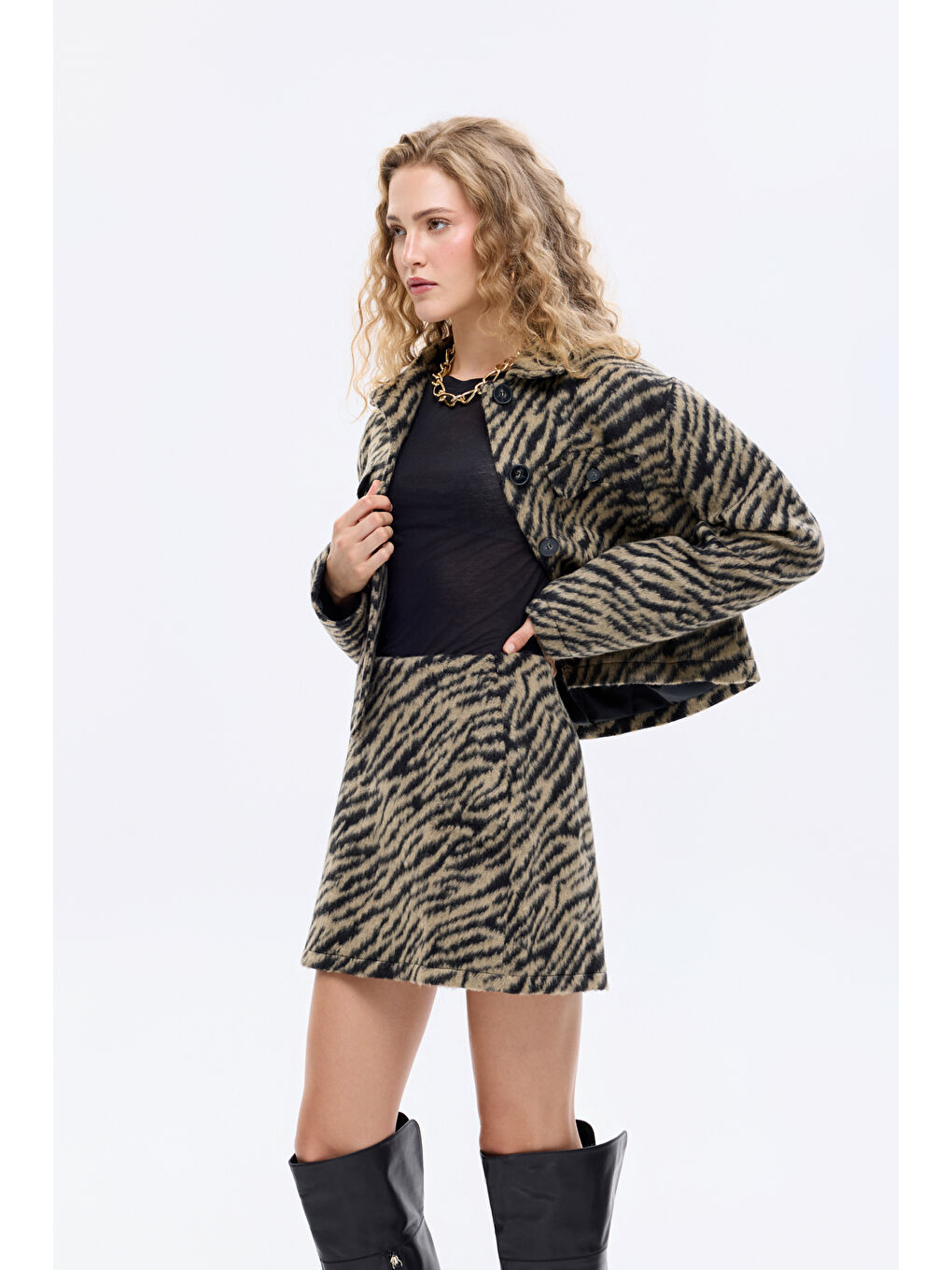 Kaplan Desenli A Kesim Kaşe Mini Etek Siyah-3