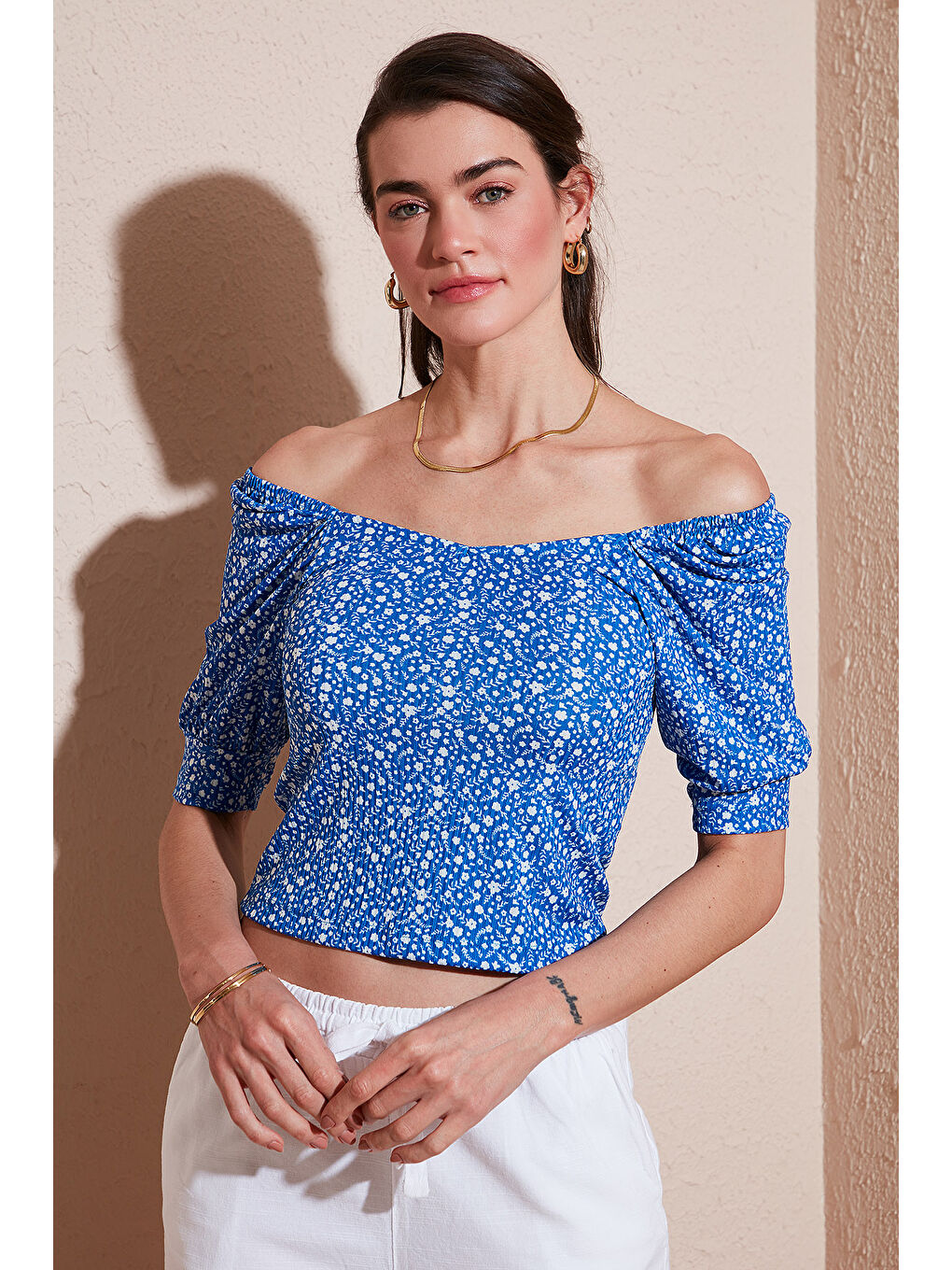 Mavi Truvakar Kol Geniş Yaka Bluz 5869001-3