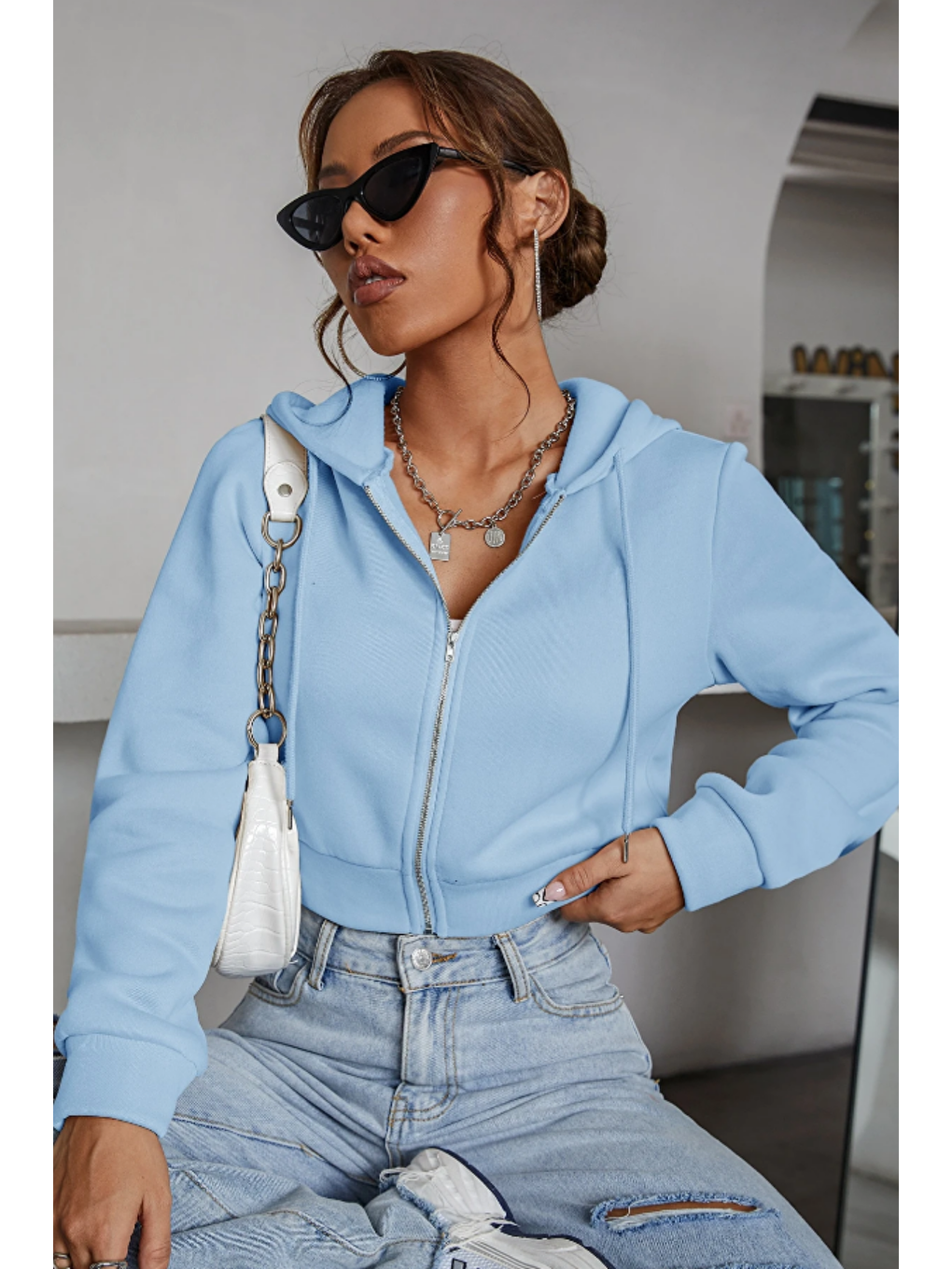 Kadın Kapüşonlu Şardonlu Mavi Renk Crop Sweatshirt-2