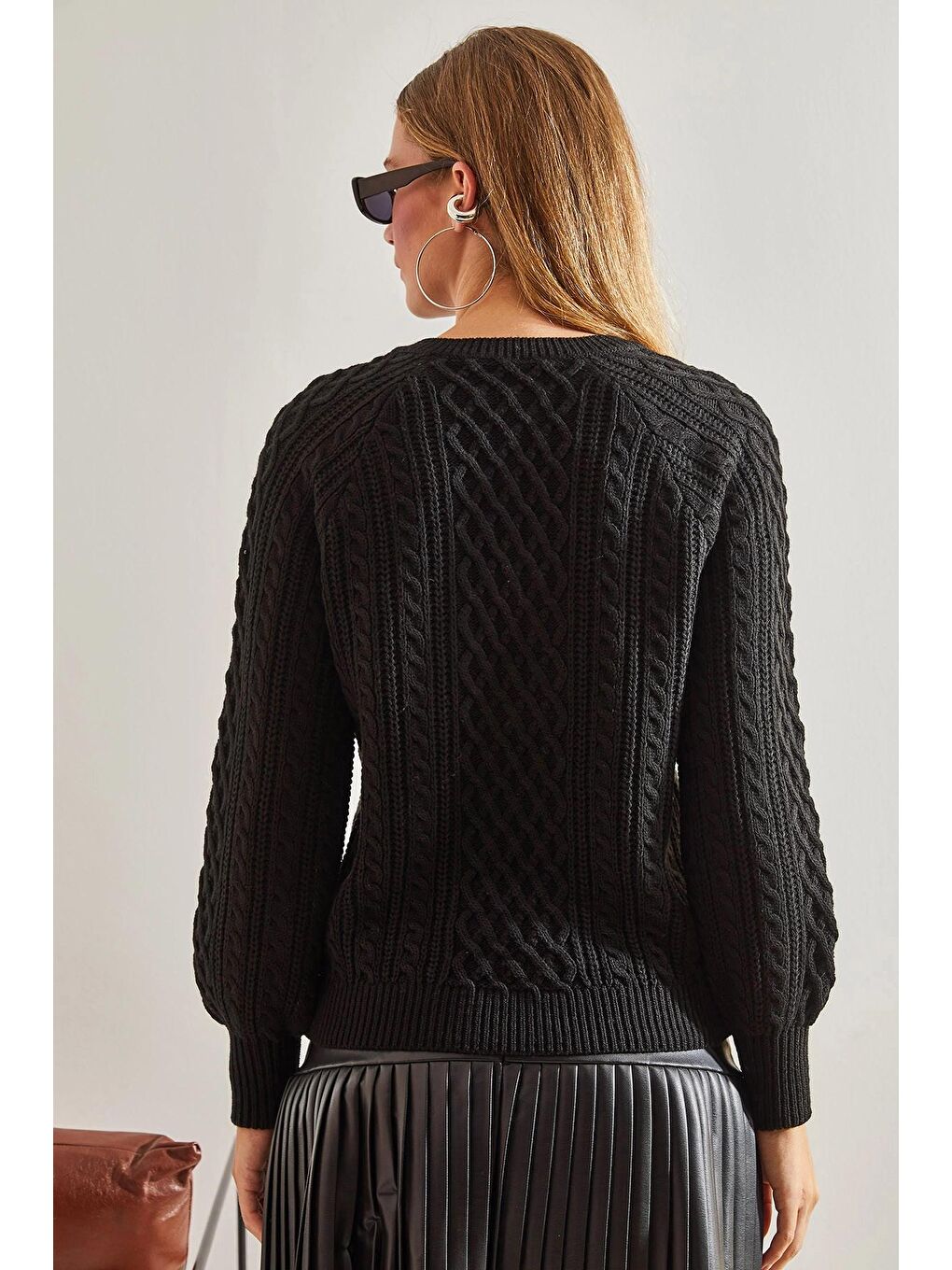 Siyah Kadın Saç Örgülü Düğmeli Triko Kazak-2